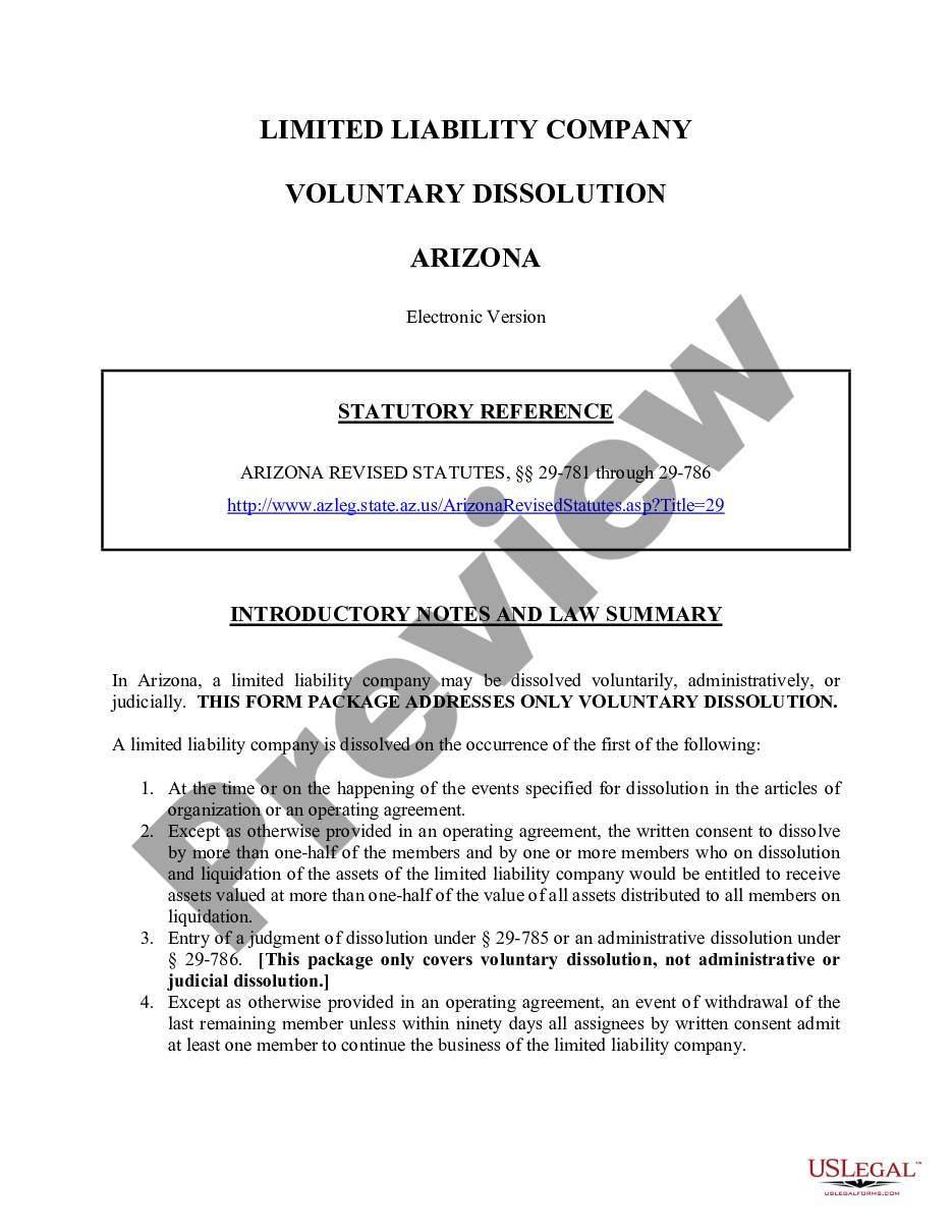 page 0 Arizona Dissolution Package to Dissolve Limited Liability Company LLC preview