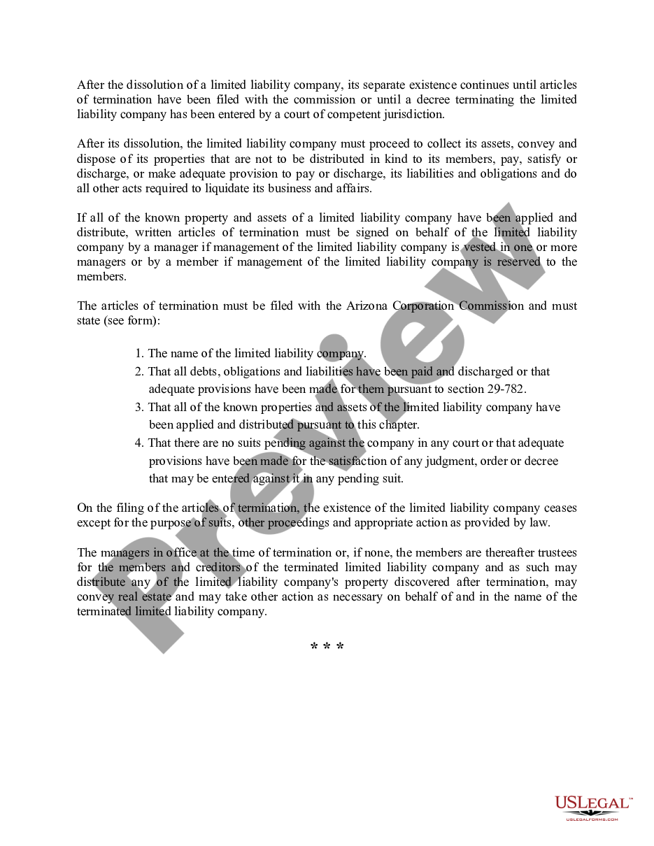 page 1 Arizona Dissolution Package to Dissolve Limited Liability Company LLC preview