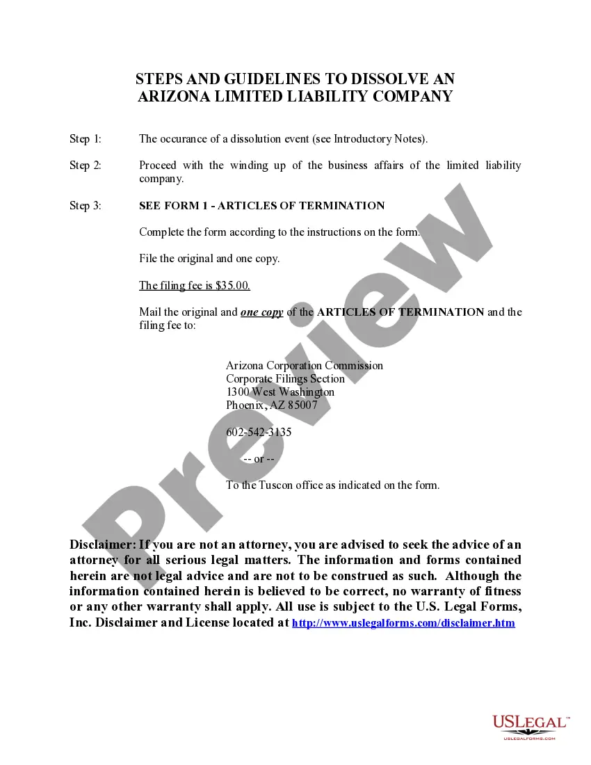 Get Arizona Dissolution Package to Dissolve Limited Liability Company LLC Preview Arizona Dissolution Package to Dissolve Limited Liability Company LLC
