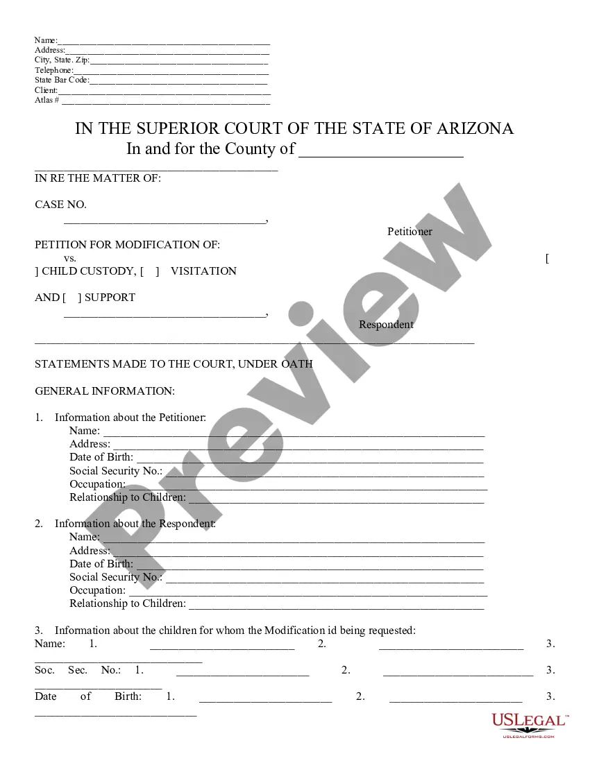 Arizona Child Custody With Child Support | US Legal Forms