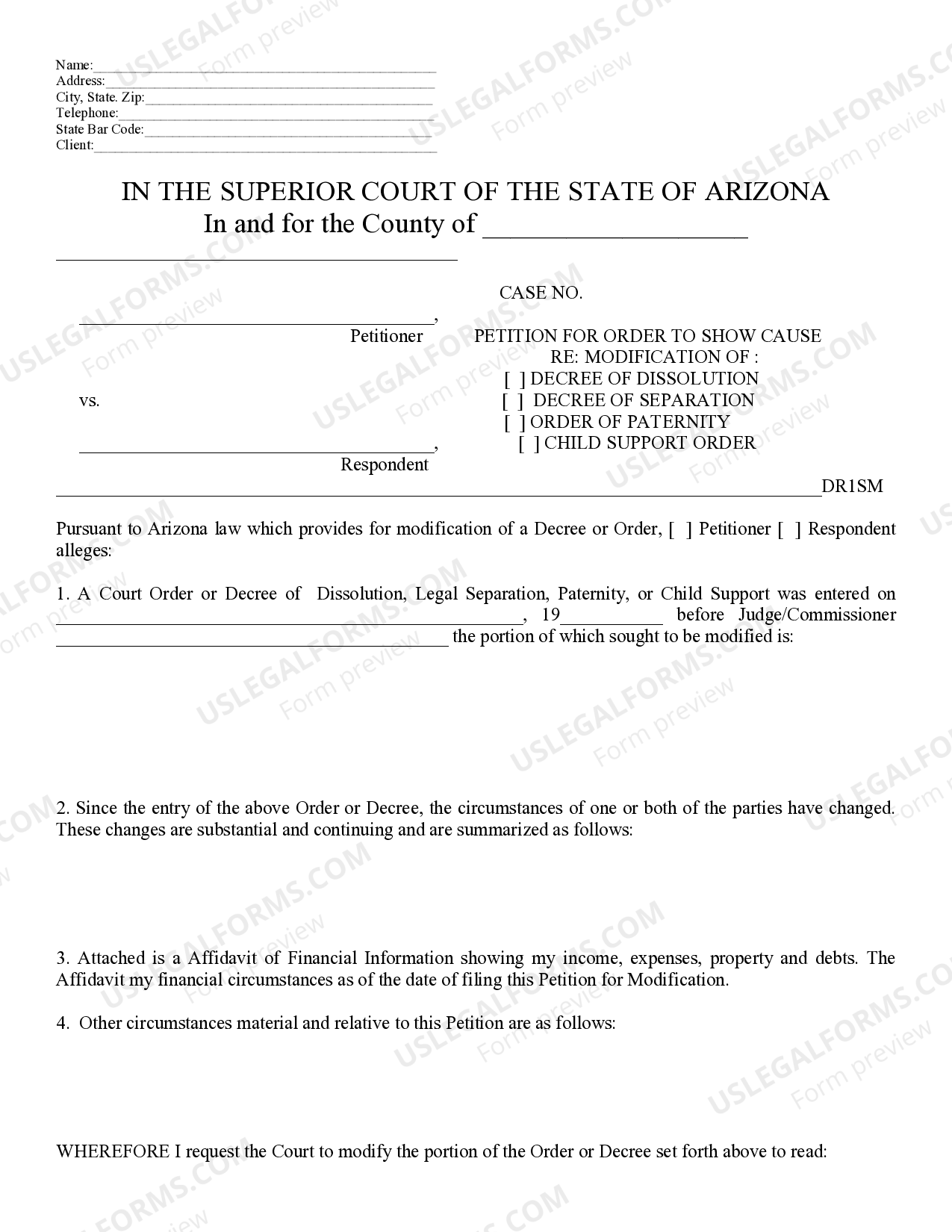 Pima Arizona Petition for Modification or Amendment of Decree or Order -  Petition Modification Order | US Legal Forms