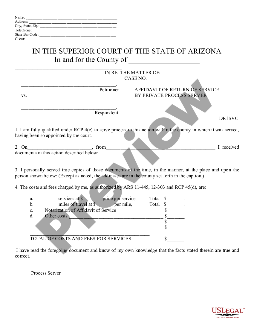 Maricopa Arizona Affidavit of Service by Process Server Afs affidavit