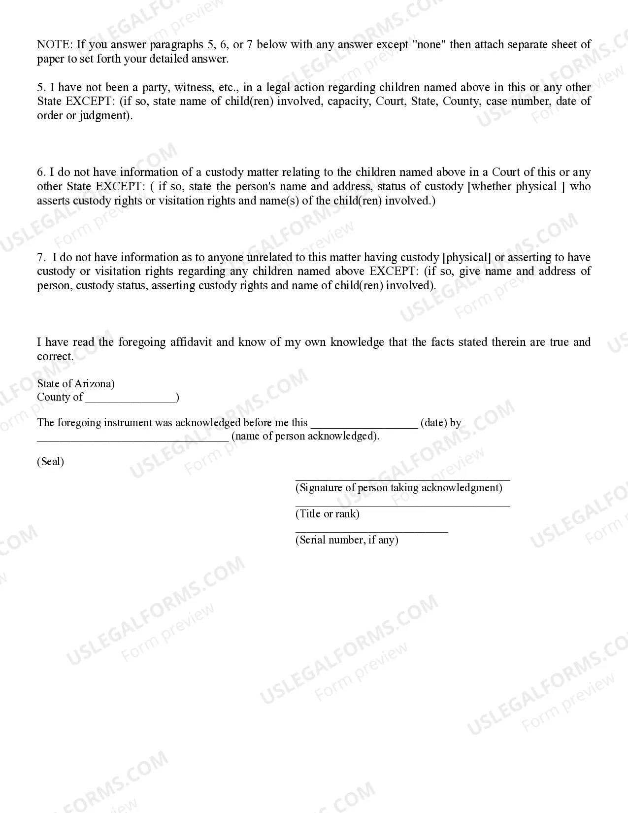 Preview Affidavit Regarding Minor Children