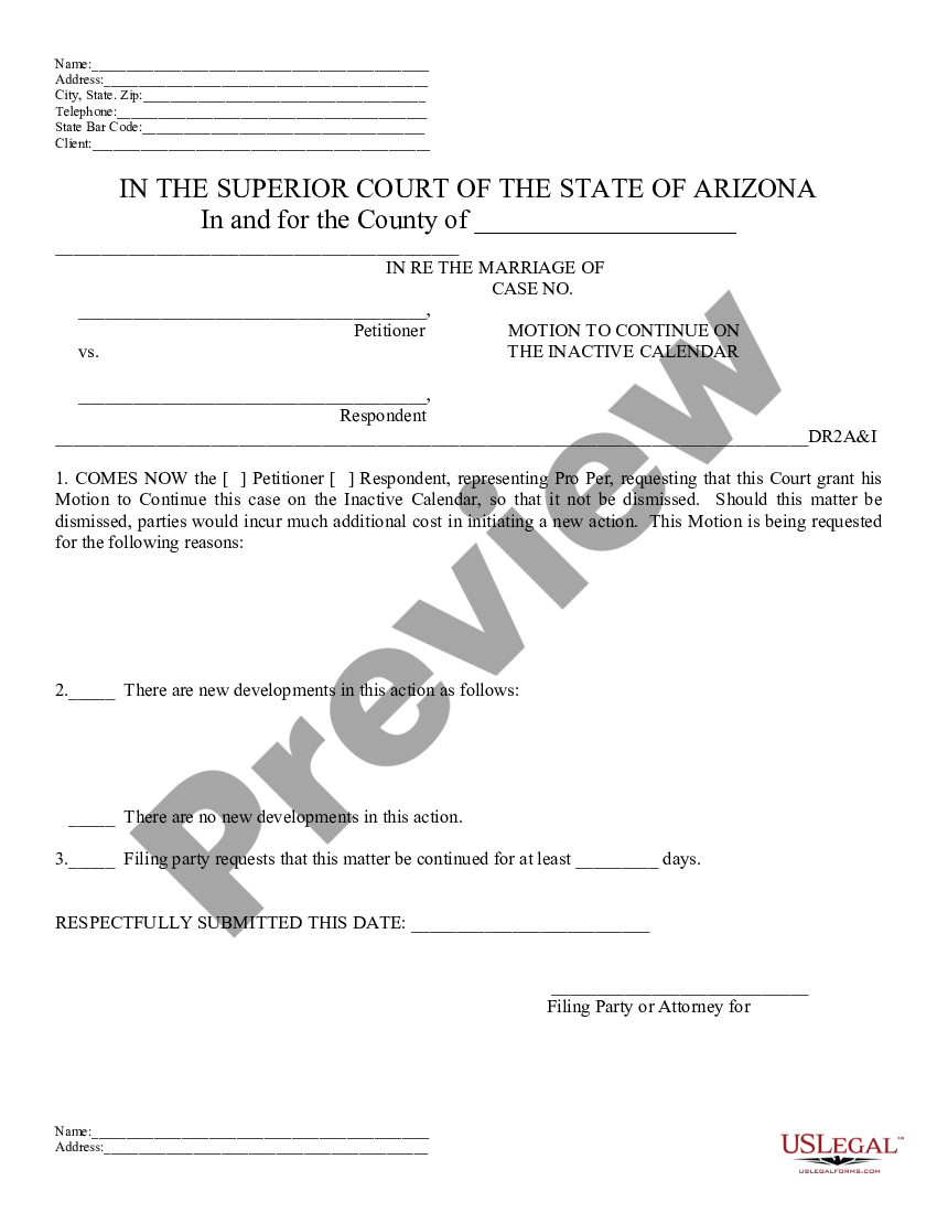 Arizona Motion Continue For New Trial US Legal Forms