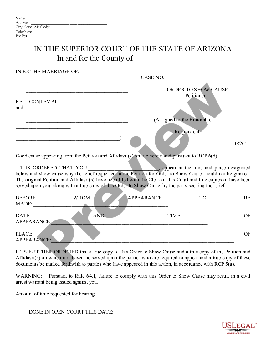 Arizona OSC regarding Contempt Motion For Contempt Form Arizona US