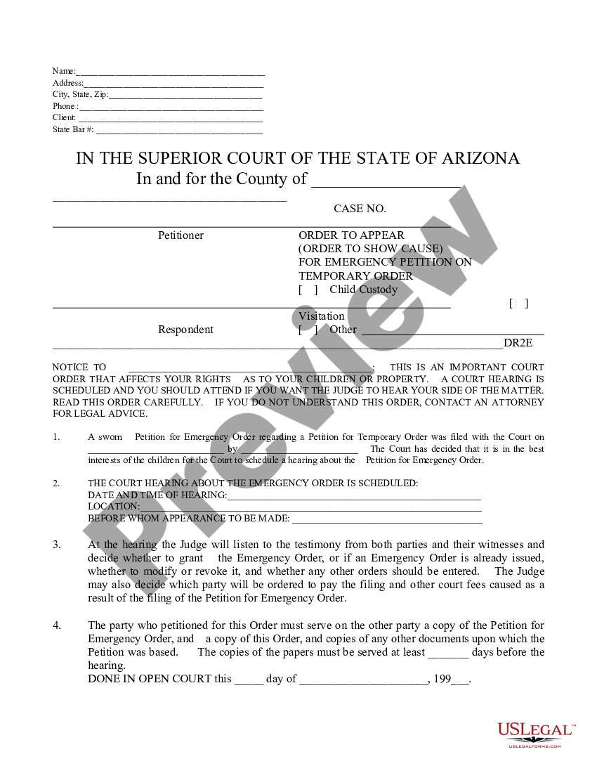 Arizona Order to Appear - or Show Cause - Emergency Custody Order Az ...