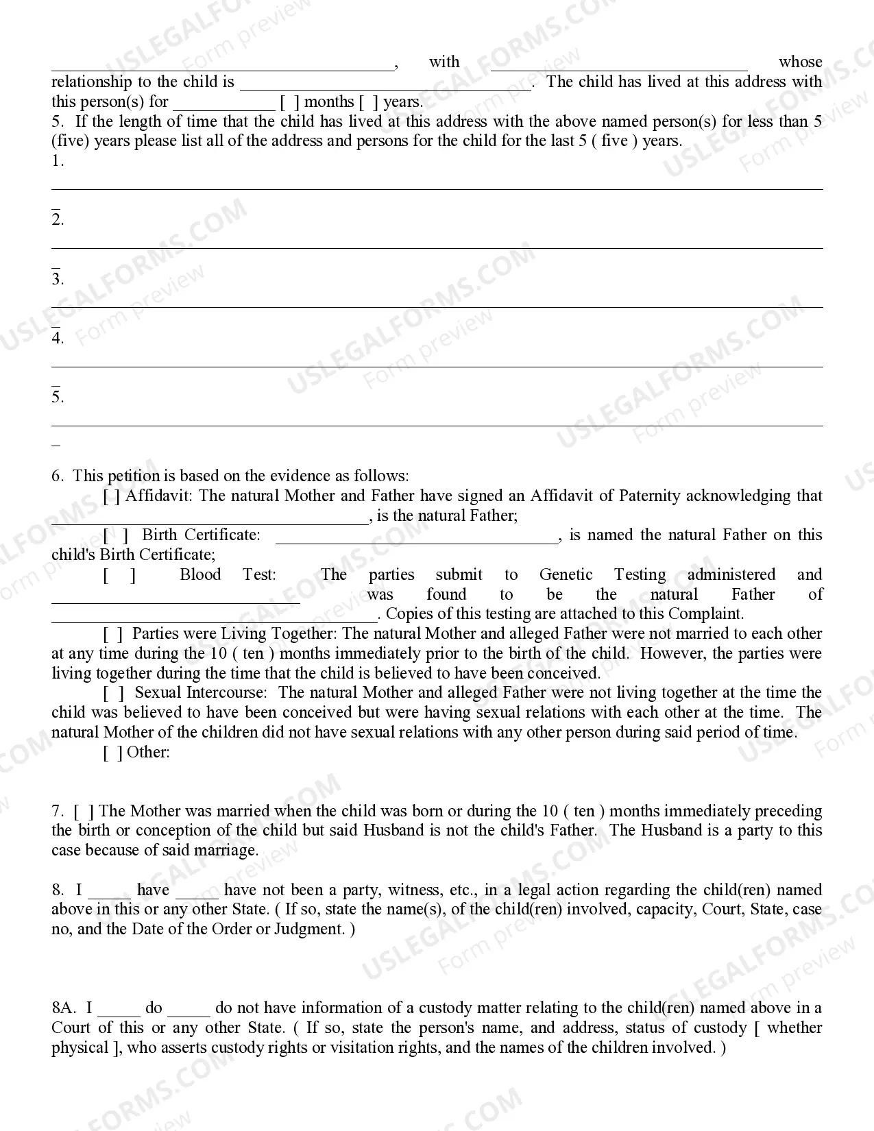 Preview Complaint in Paternity Establishing Child Custody, Visitation and Support