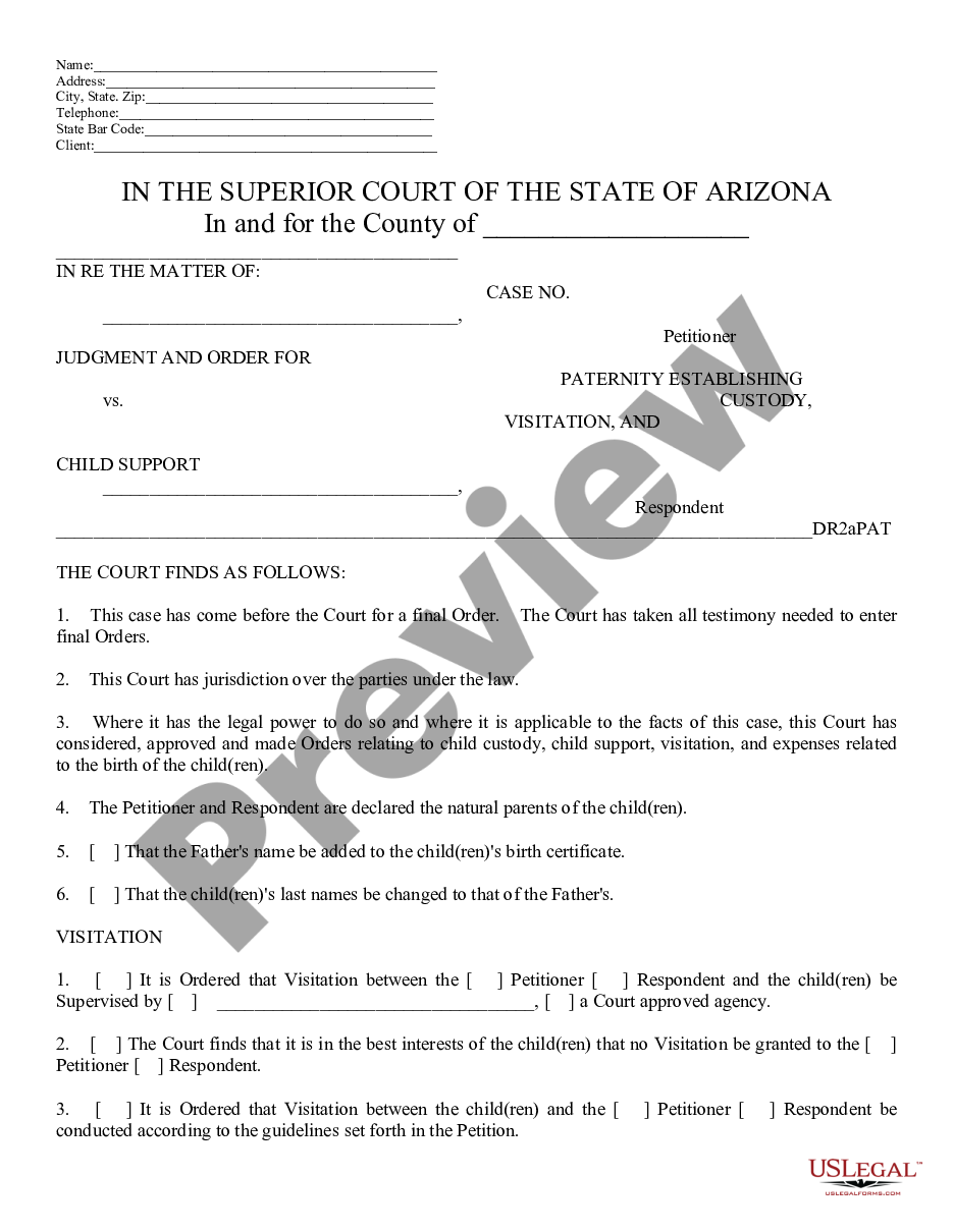 page 0 Order Establishing Paternity Child Custody, Support, and Visitation preview