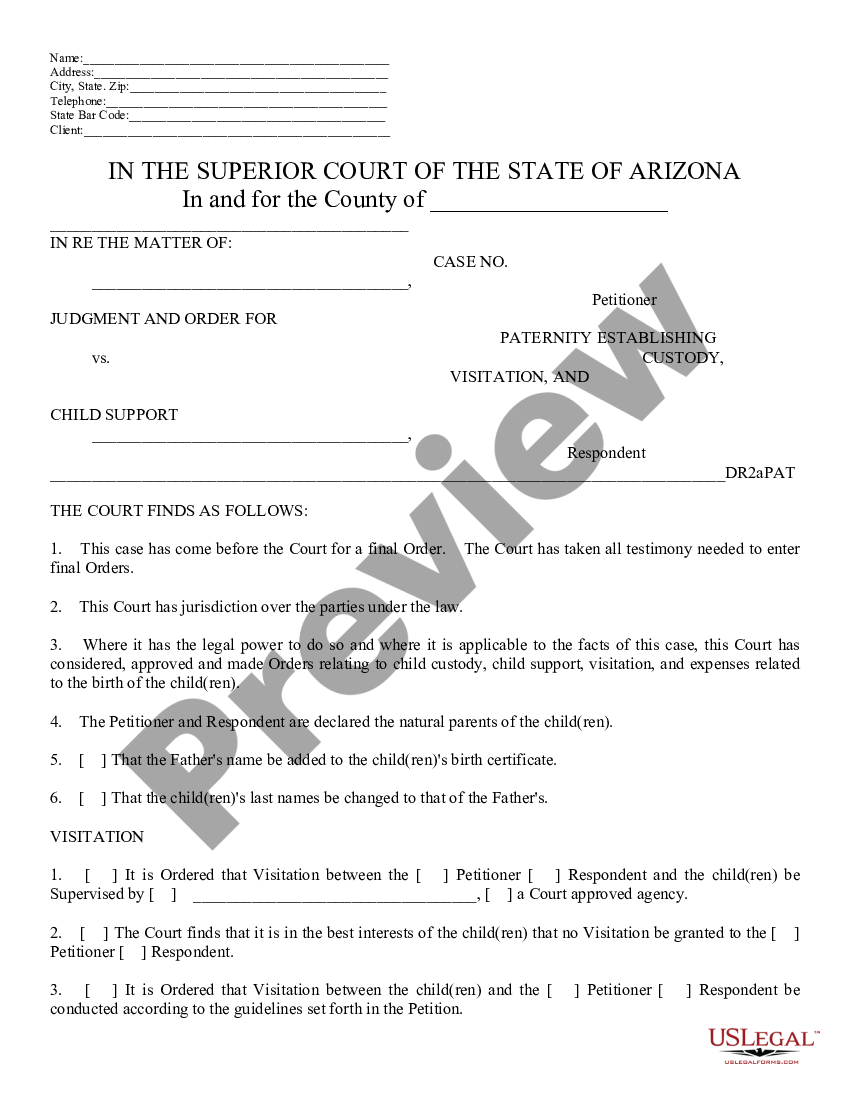 Maricopa Arizona Order Establishing Paternity Child Custody Support