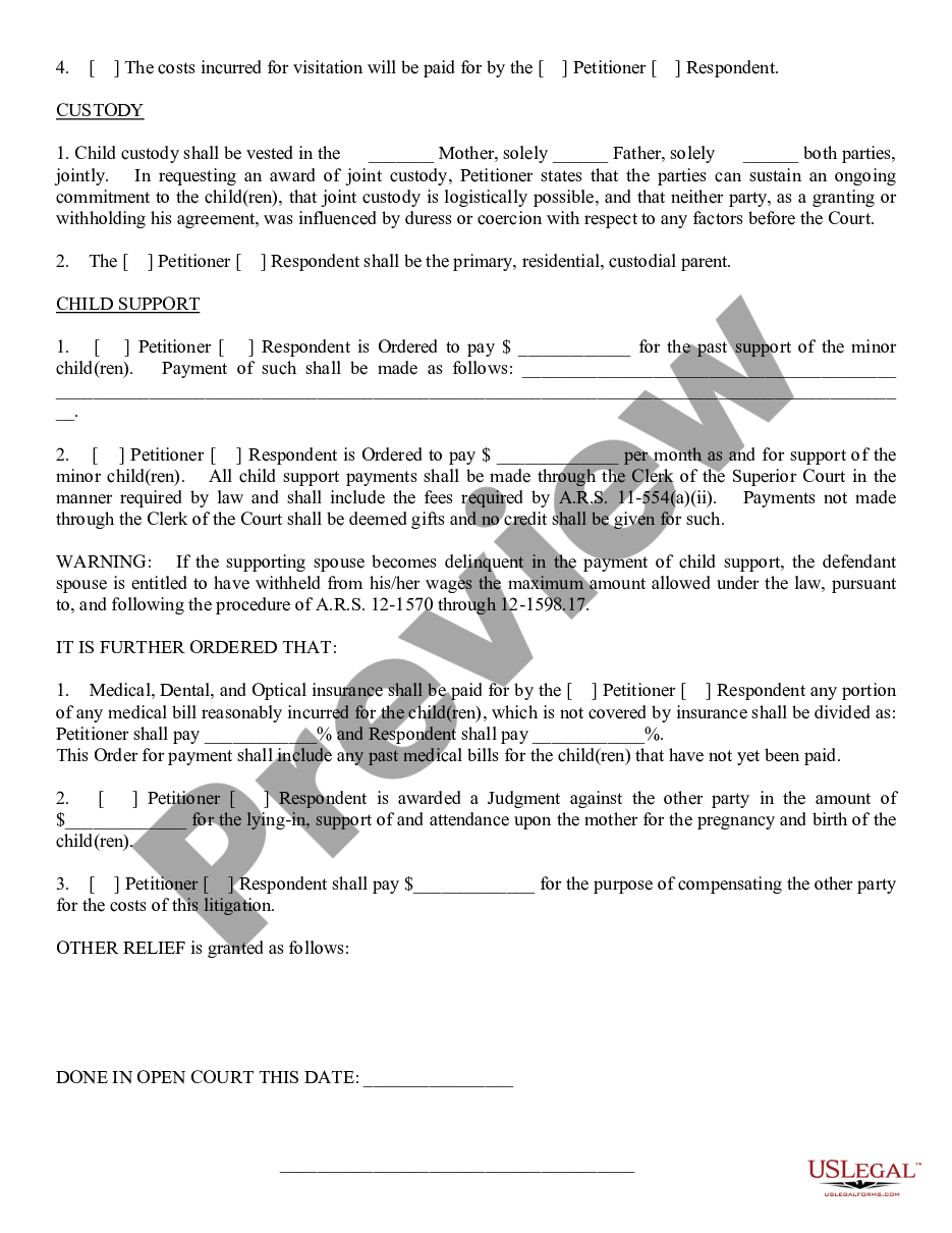 page 1 Order Establishing Paternity Child Custody, Support, and Visitation preview