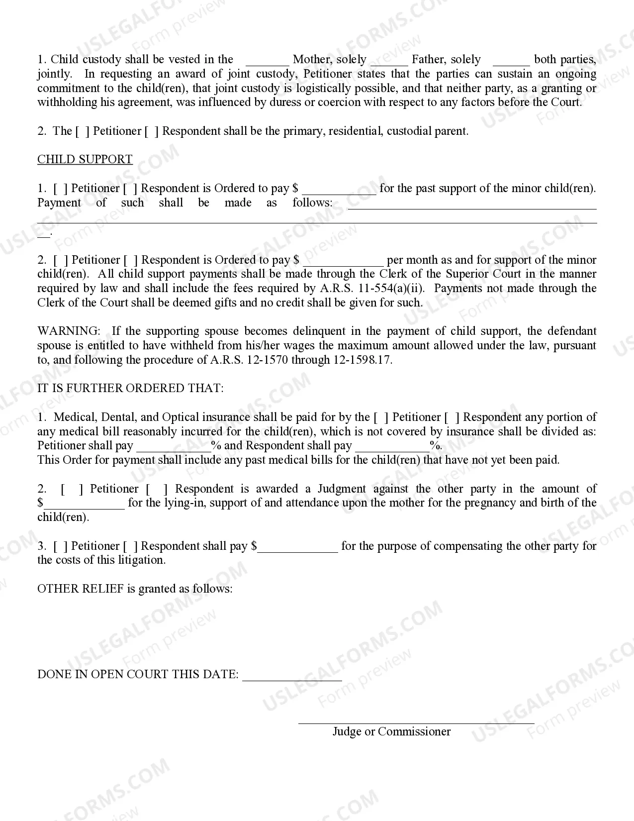 Preview Order Establishing Paternity Child Custody, Support, and Visitation