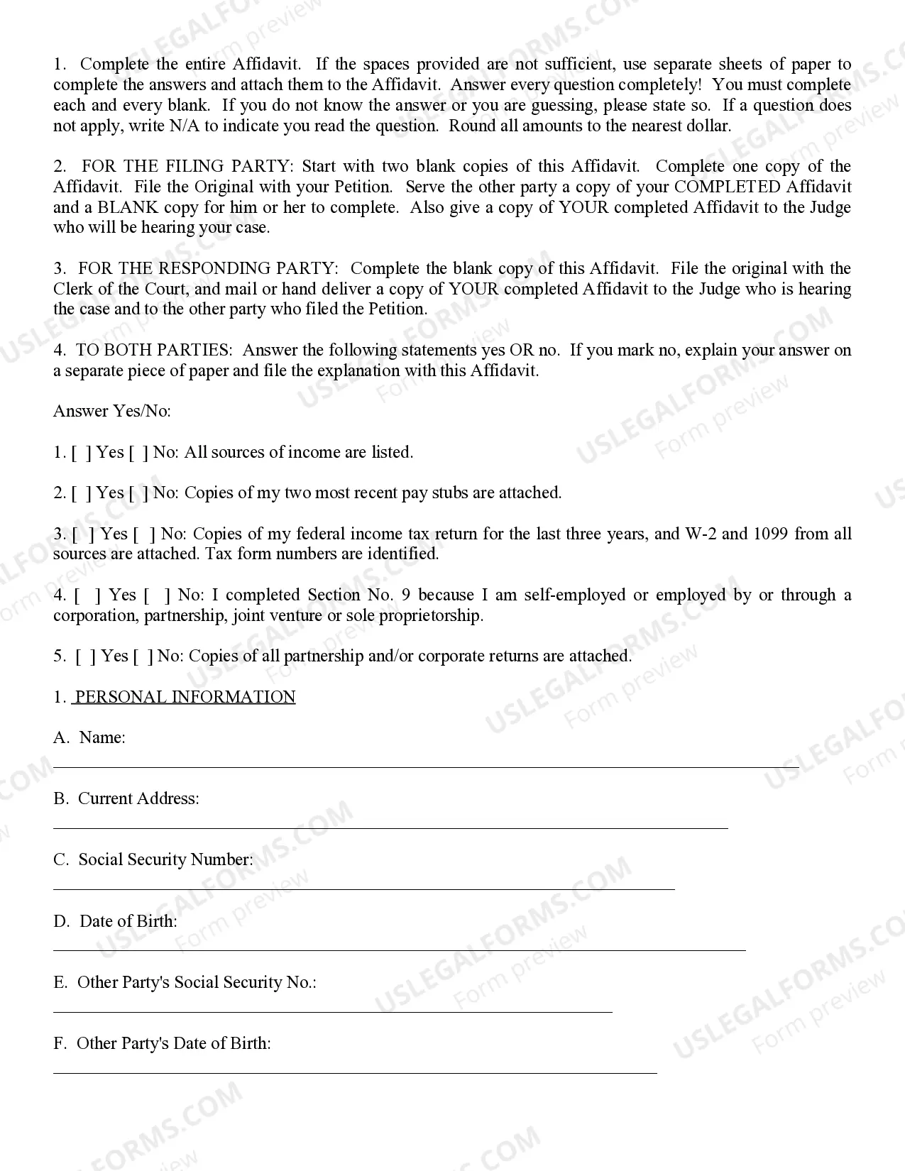 Preview Affidavit of Financial Info