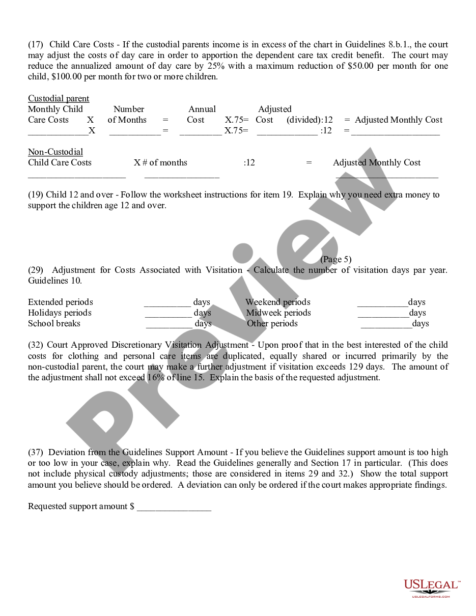 page 6 Parents Worksheet for Child Support Amount Child Support Order preview