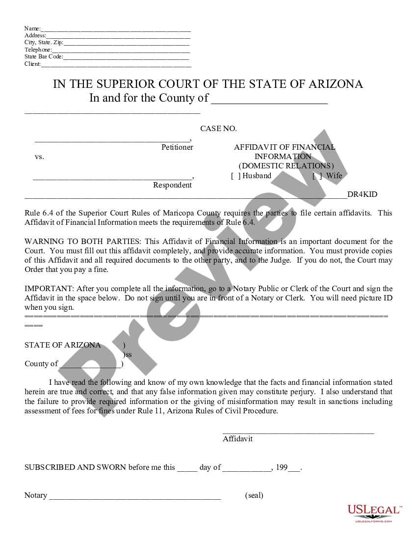 Pima Arizona Affidavit of Financial Information - Arizona Affidavit ...