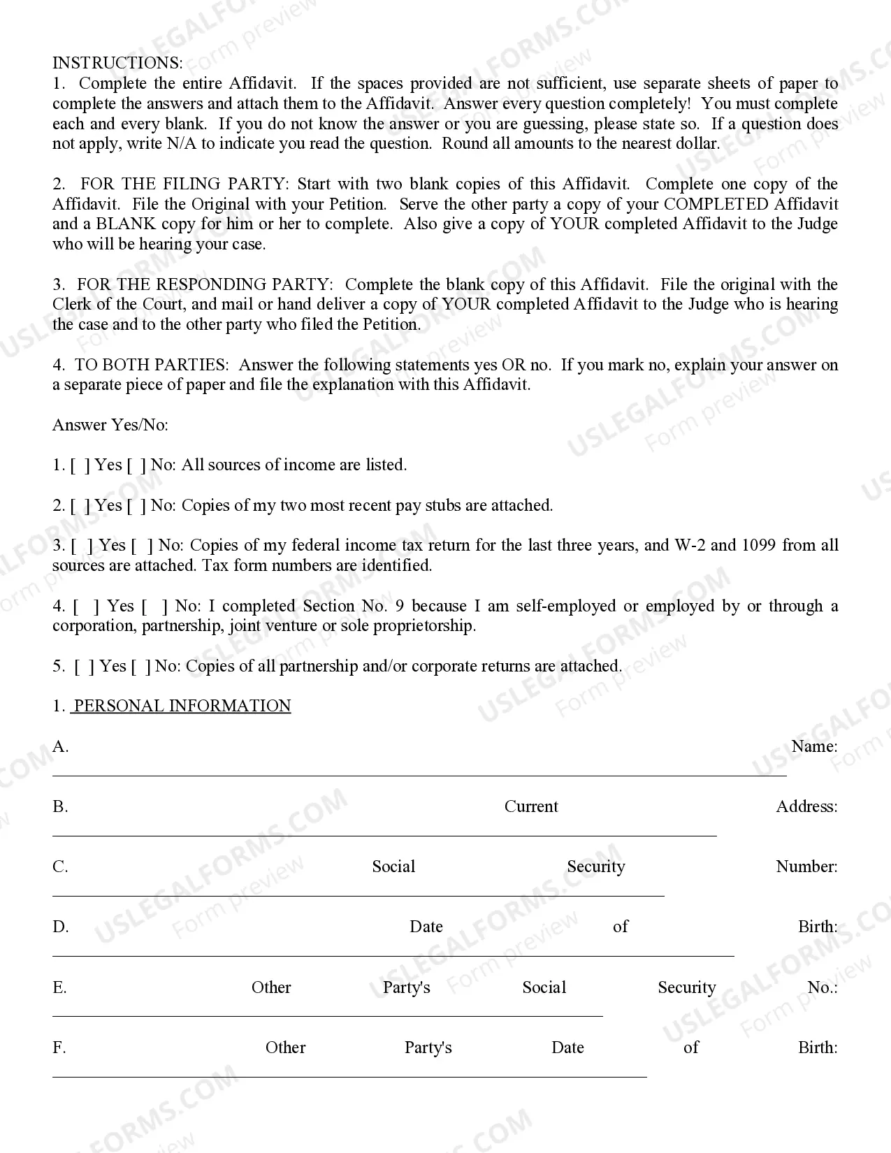Preview Affidavit of Financial Information