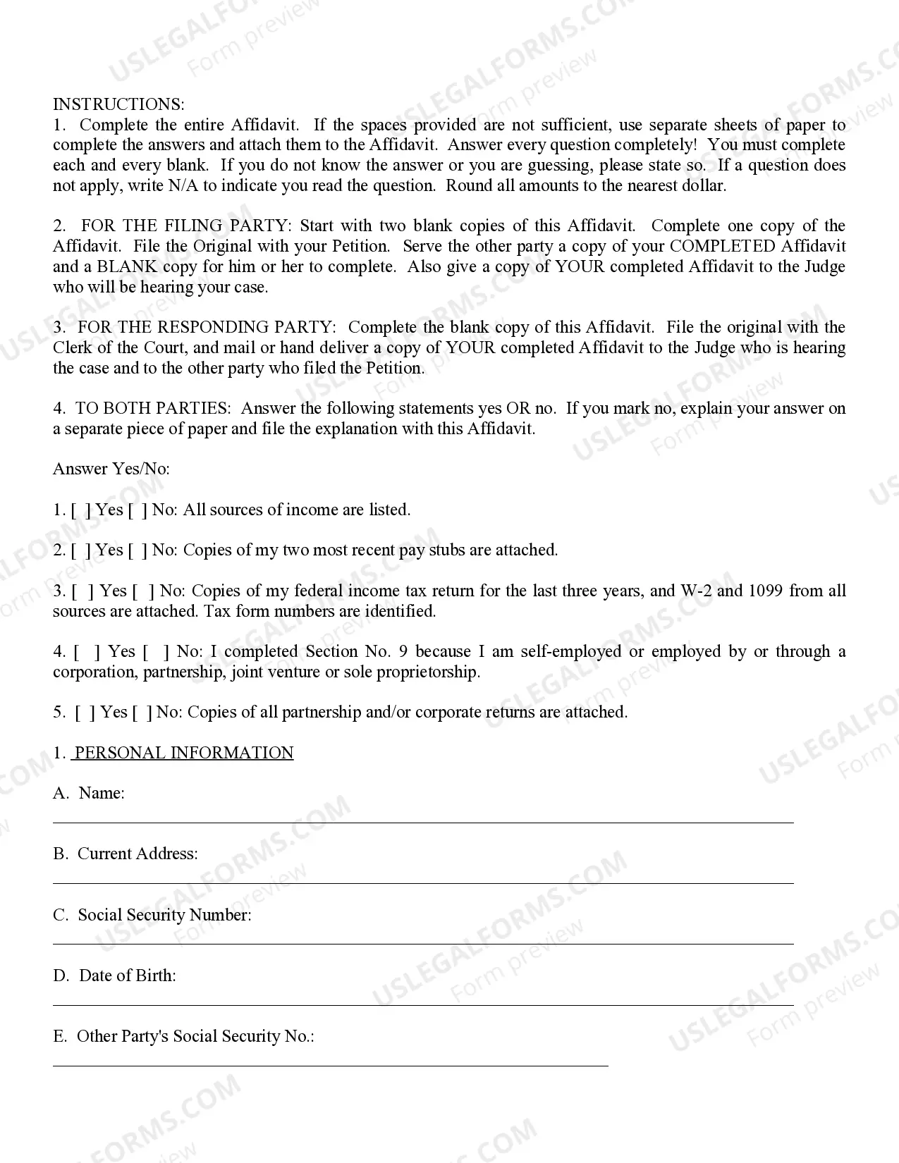 Preview Affidavit of Financial Information