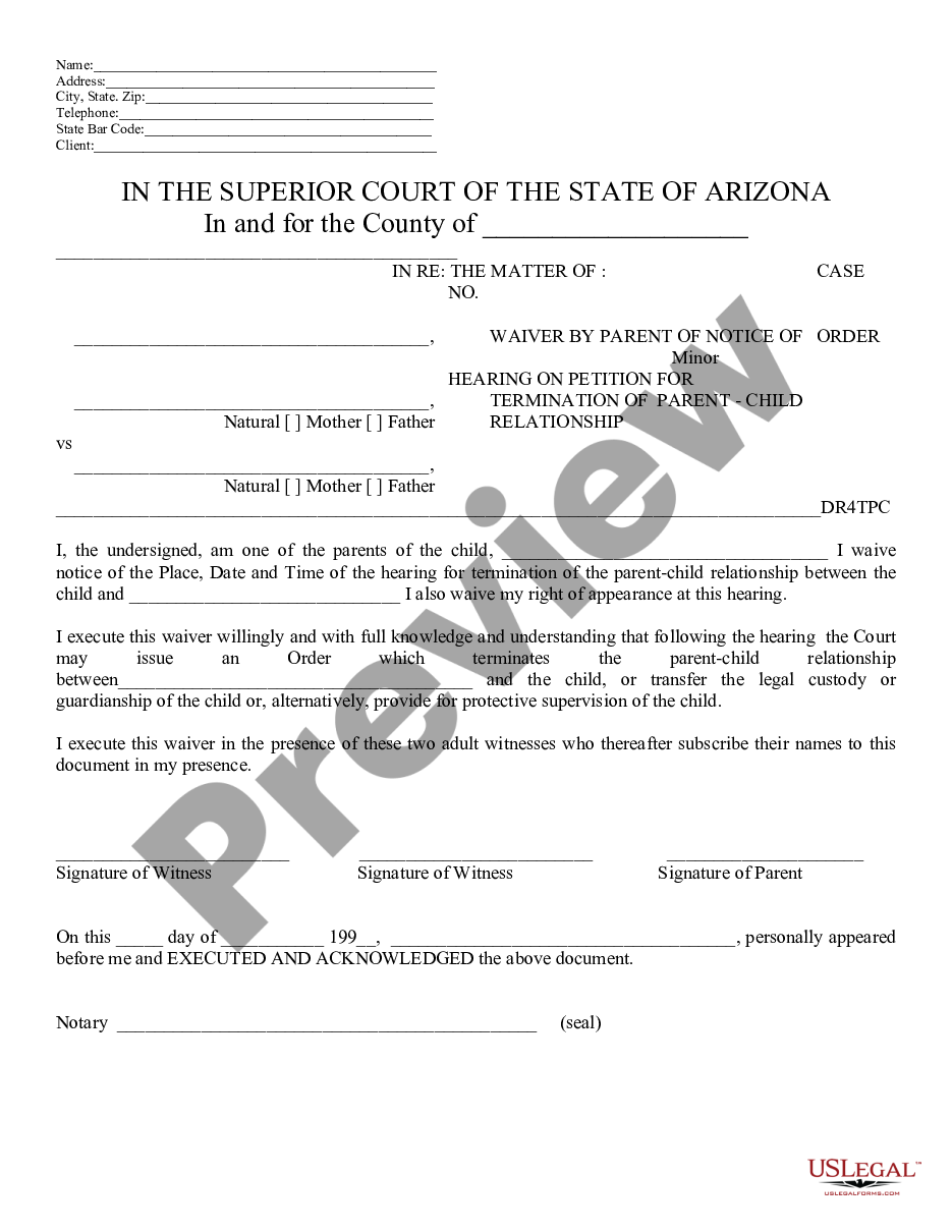 form Waiver by Parent of Notice on Termination of Parent Child Relationship preview