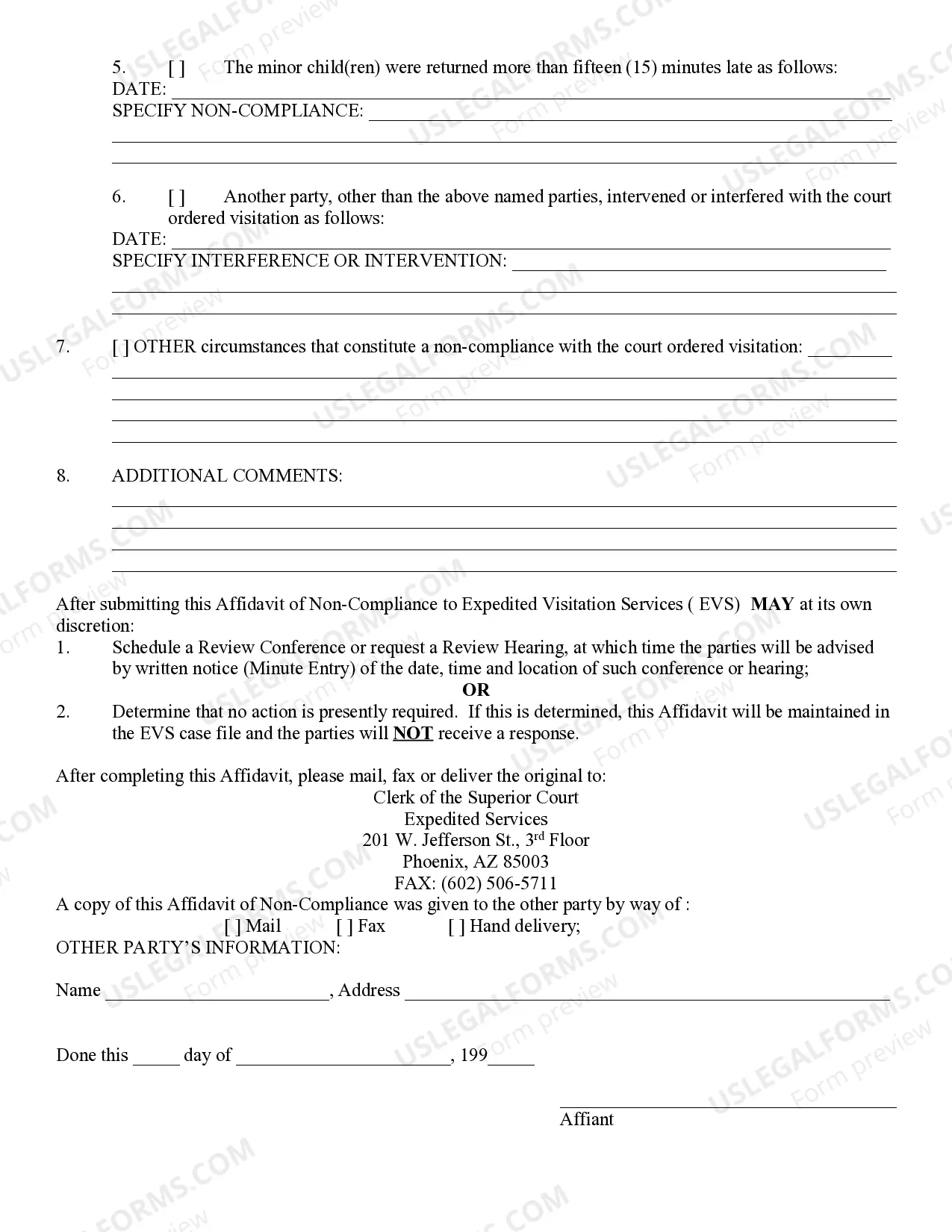 Preview Affidavit of Noncompliance