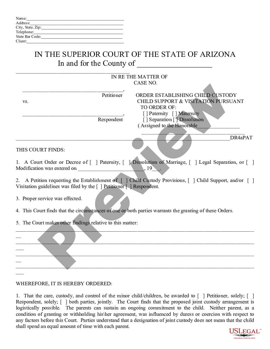 page 0 Order Establishing Custody, Support, and Visitation preview