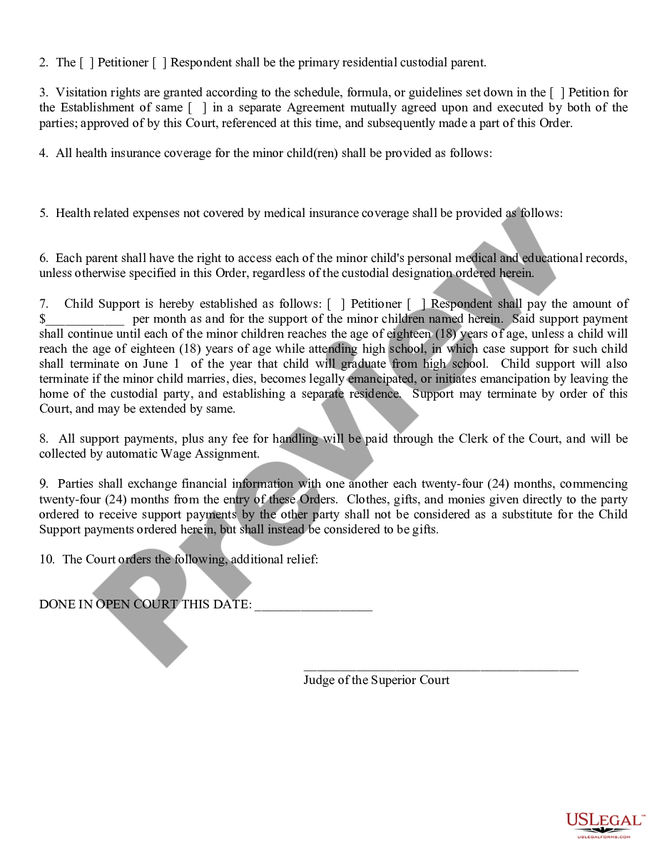 page 1 Order Establishing Custody, Support, and Visitation preview