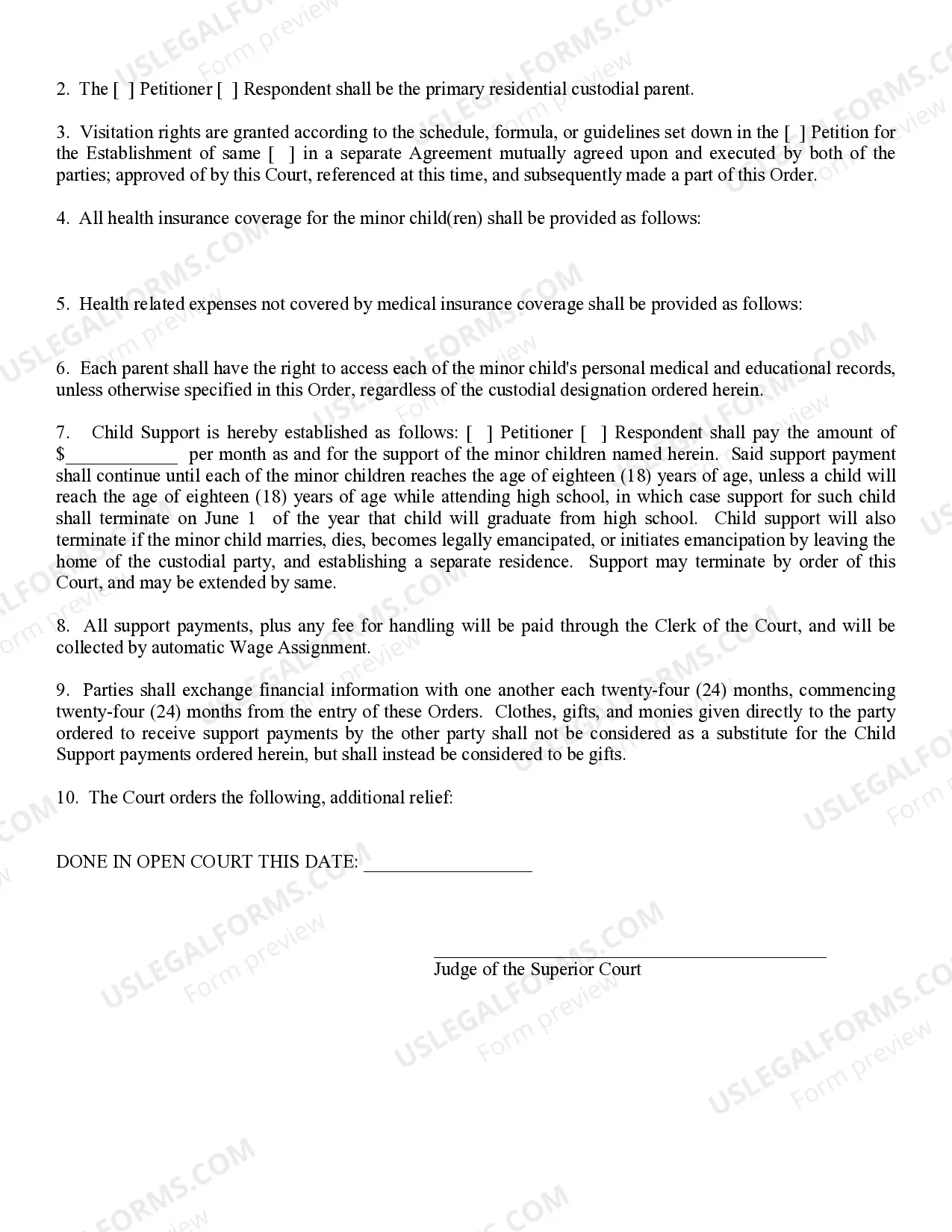Preview Order Establishing Custody, Support, and Visitation