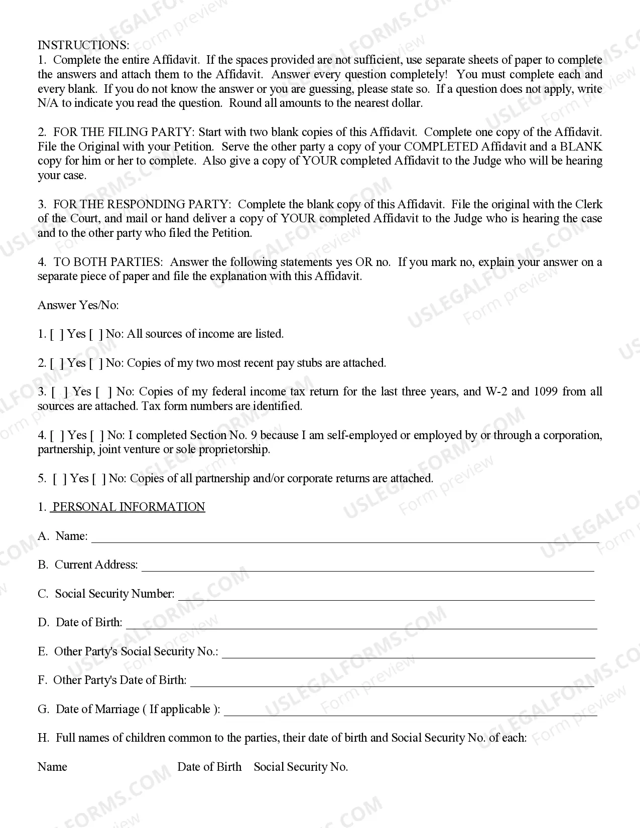 Preview Affidavit of Financial Information