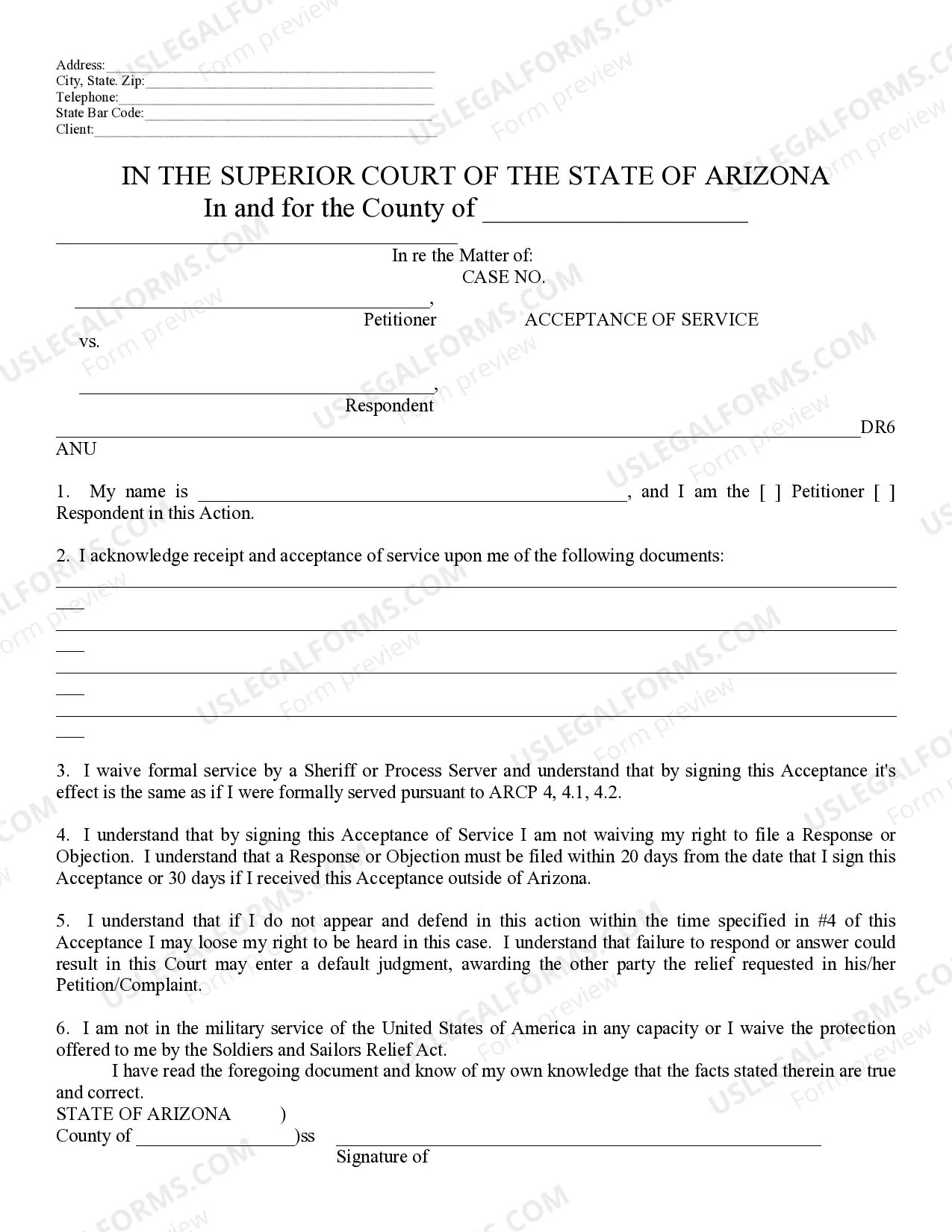 Preview Acceptance of Service Waiver and Consent