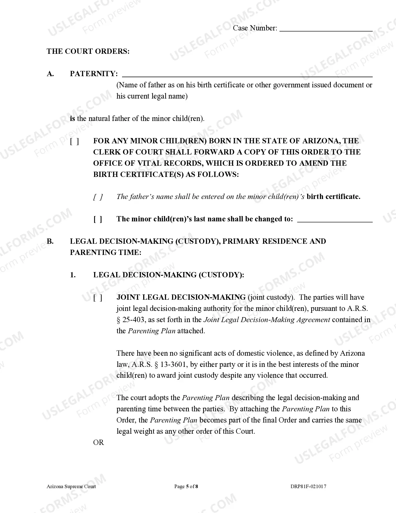 Preview Judgment and Order for Paternity