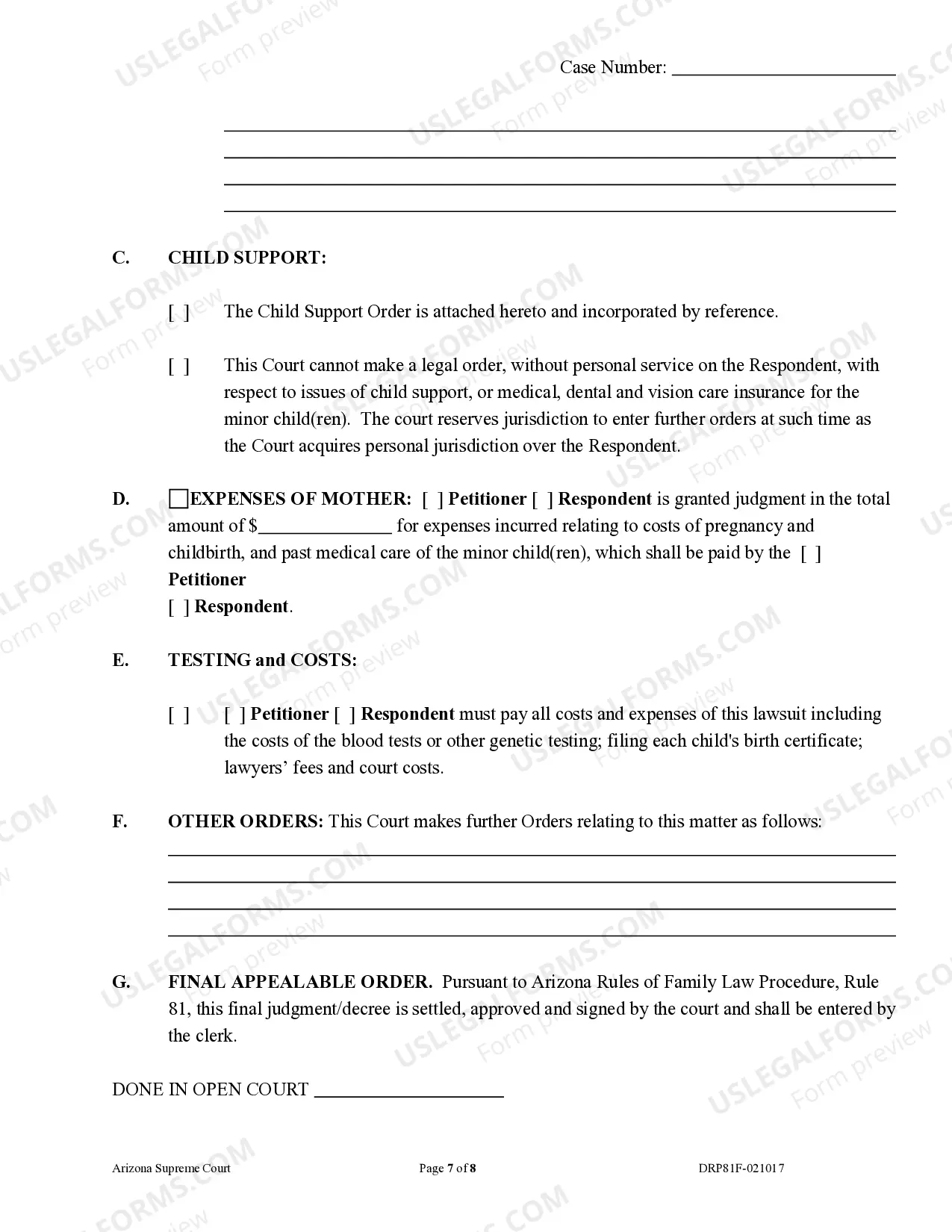 Preview Judgment and Order for Paternity
