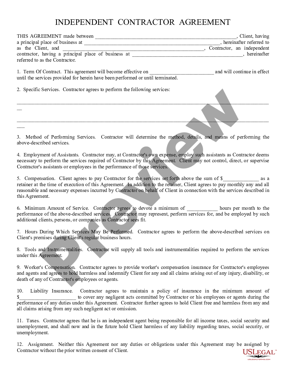 form Self-Employed Independent Contractor Agreement preview