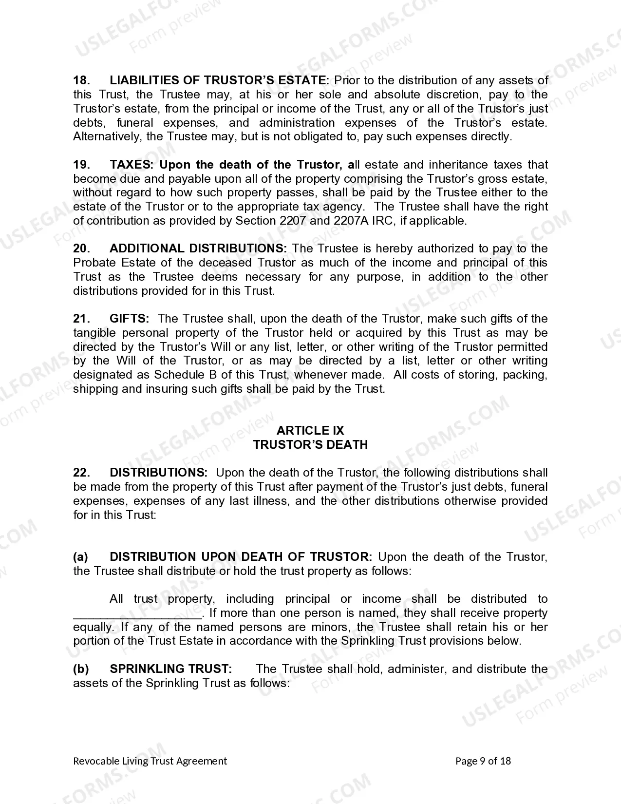 Preview Living Trust for Individual as Single, Divorced or Widow or Widower with No Children