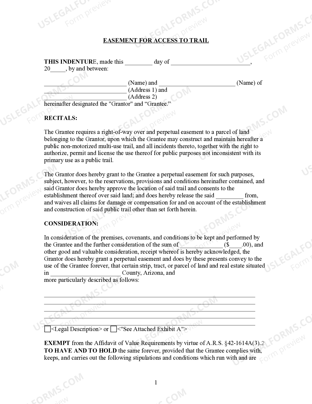 Arizona Right of Way Easement for Public Trail Arizona Easement US