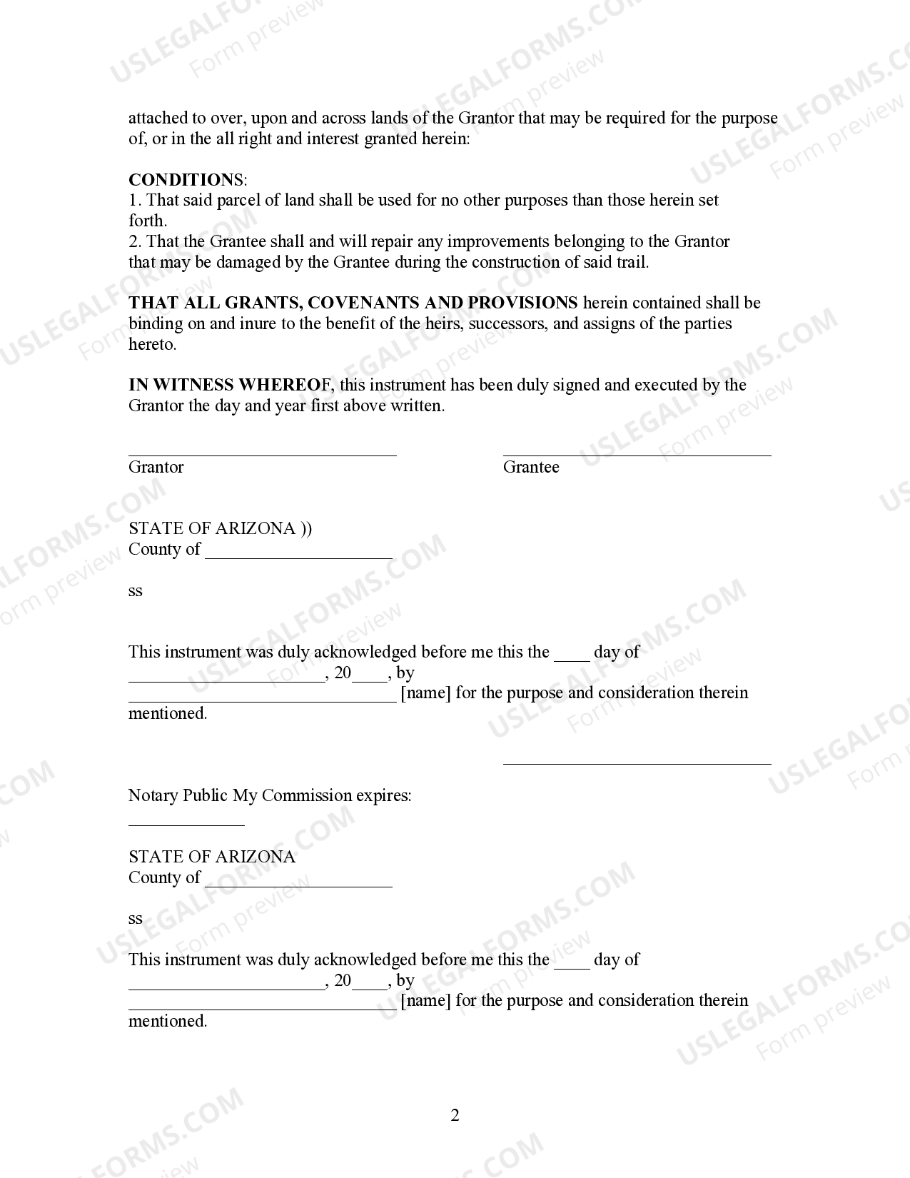 Arizona Right of Way Easement for Public Trail Arizona Easement US