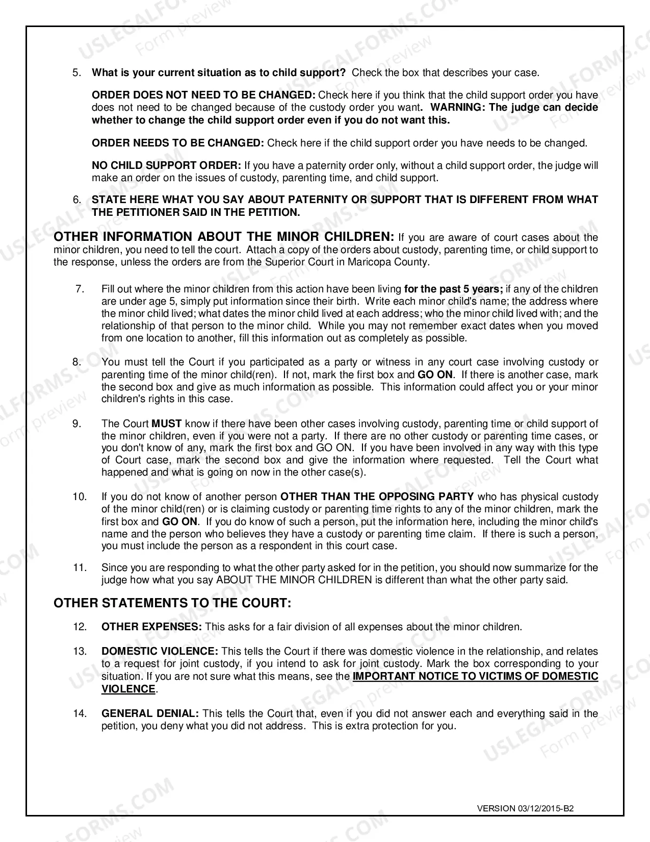 Preview Response to Petition to Establish Child Custody, Parenting Time and Support