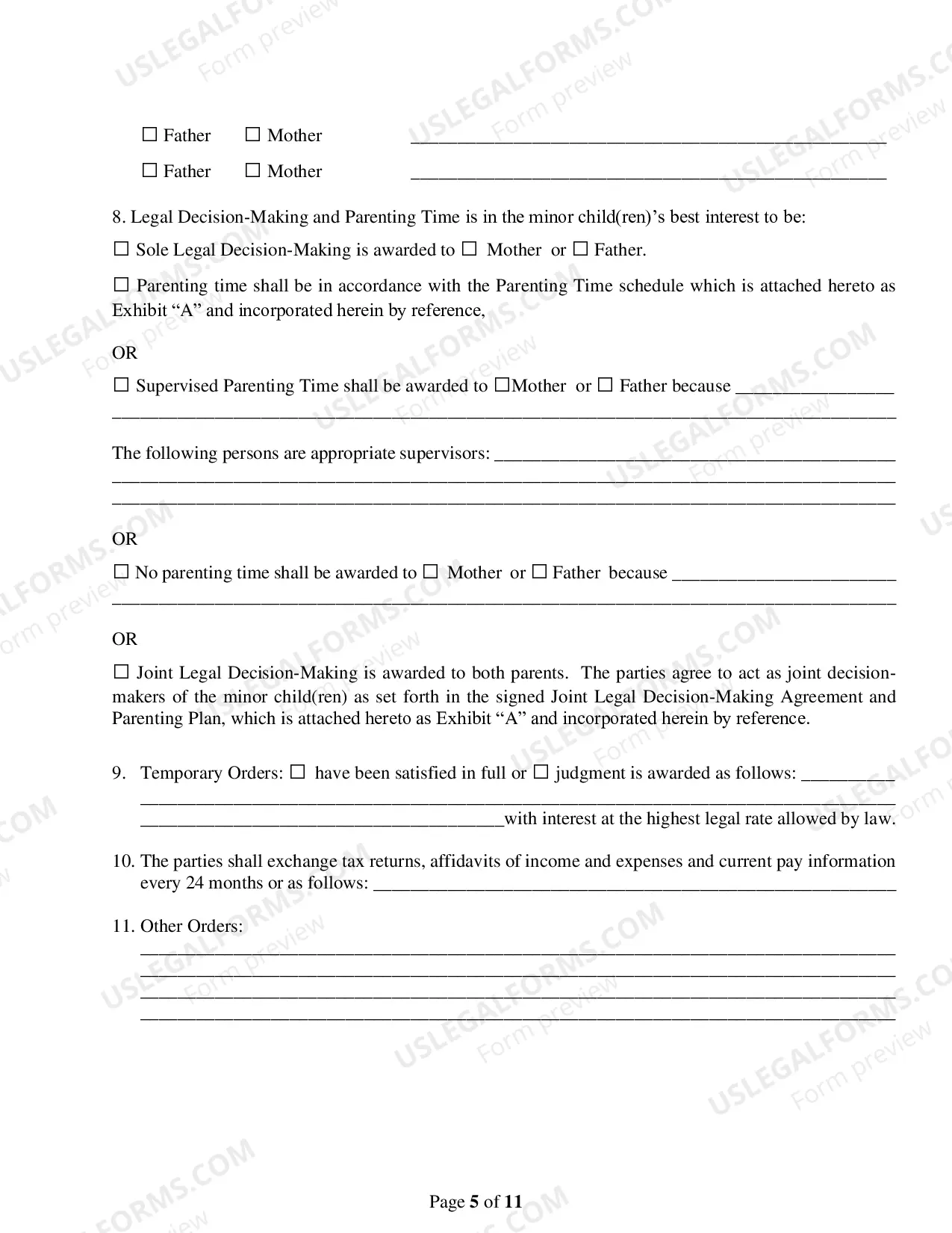 Preview Order for Custody, Parenting Time and Child Support for Petitioner or Respondent