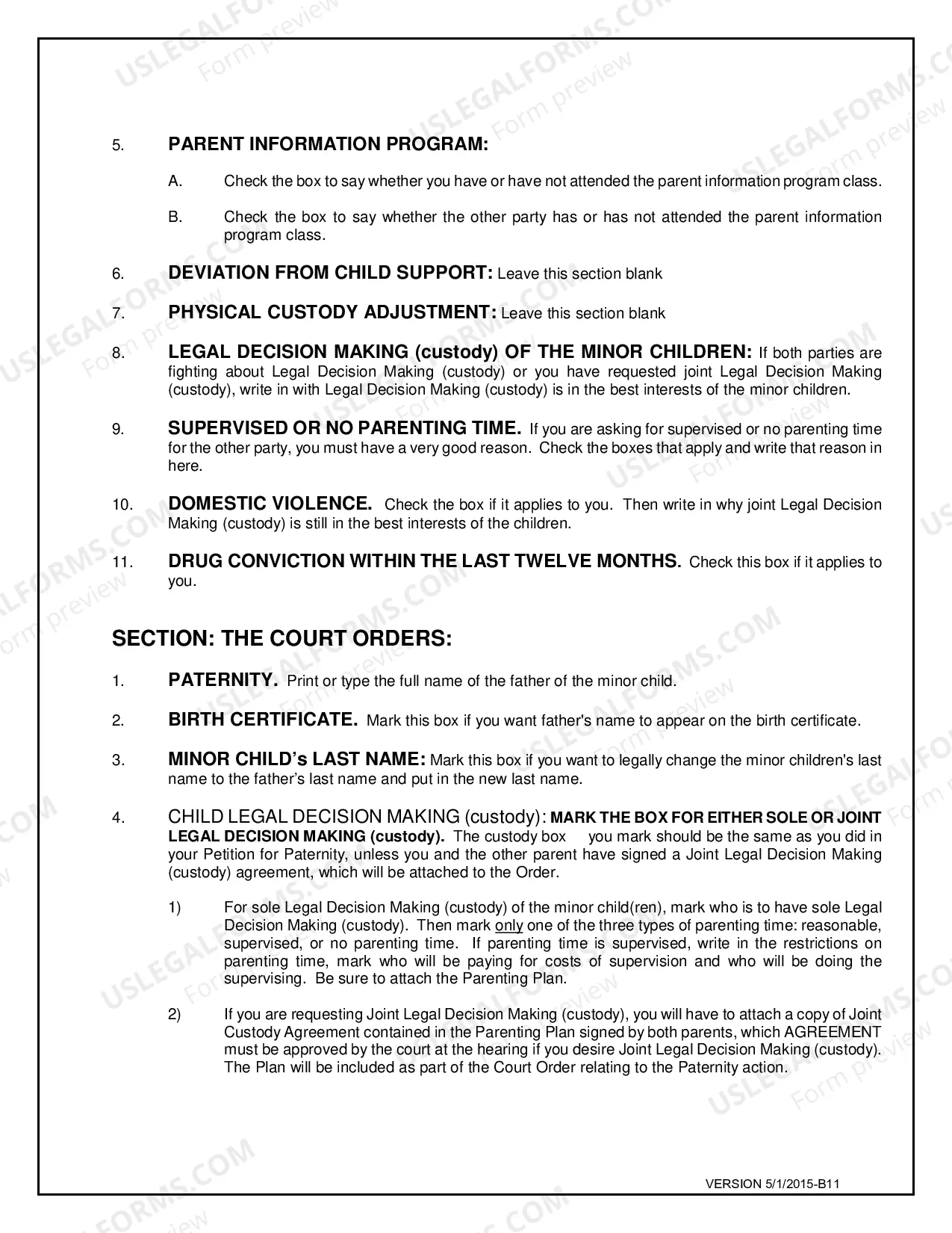 Preview Paternity Order with Custody Parenting Time and Child Support for Petitioner or Respondent