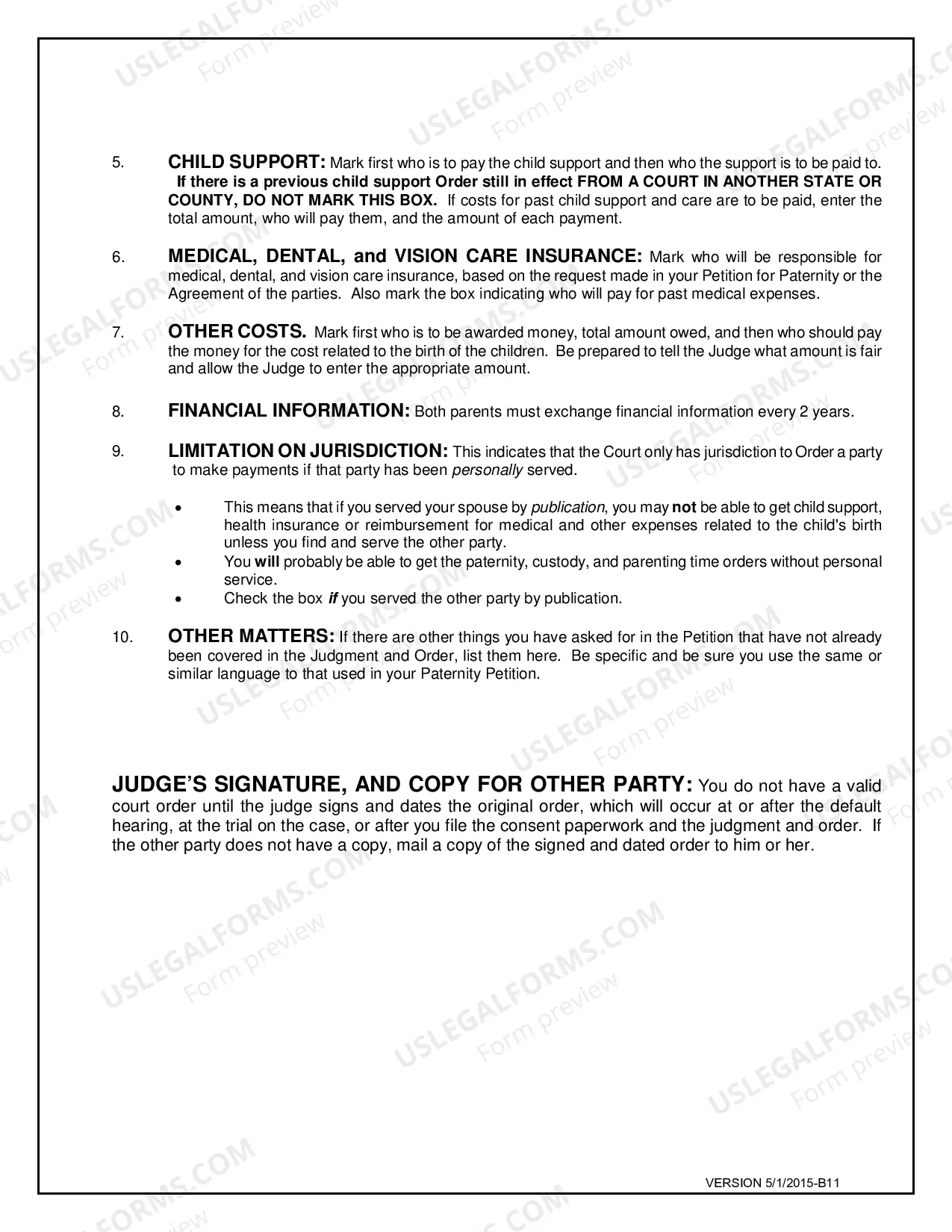 Preview Paternity Order with Custody Parenting Time and Child Support for Petitioner or Respondent