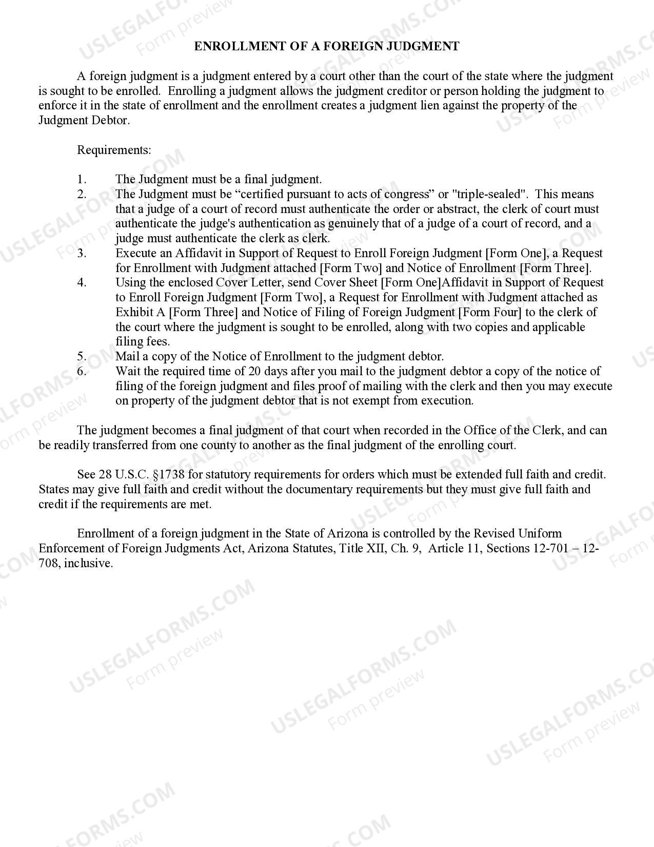 Arizona Foreign Judgment Enrollment US Legal Forms