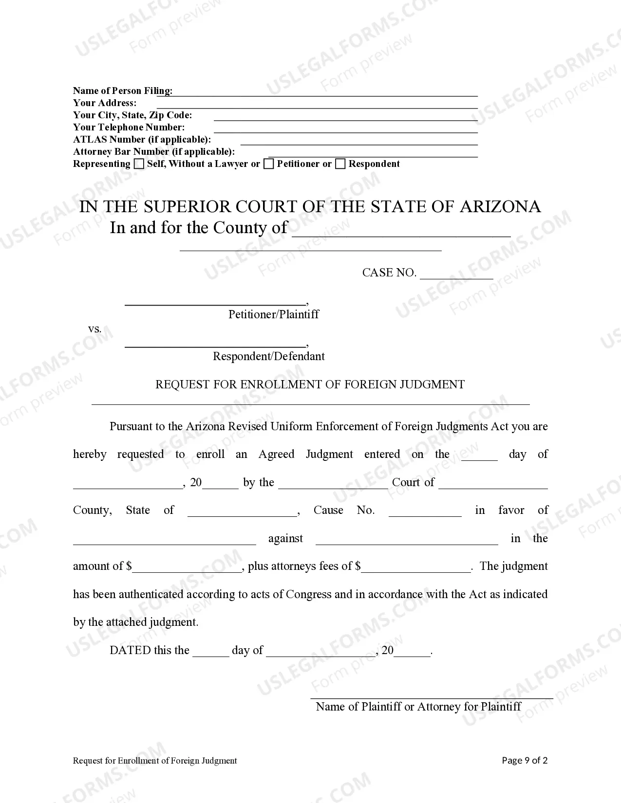 Preview Arizona Foreign Judgment Enrollment