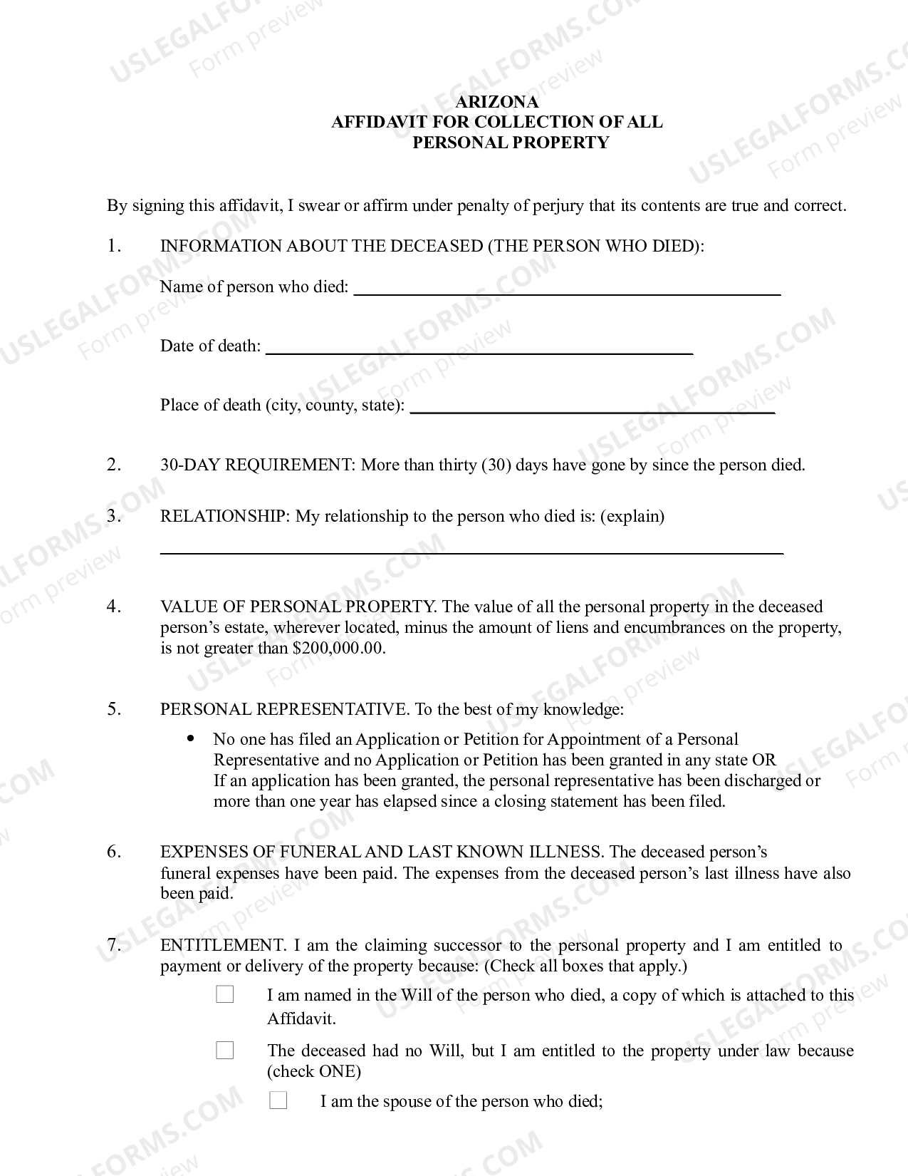 Arizona Small Estate Affidavit for Estates Not More Than $75 - Arizona ...