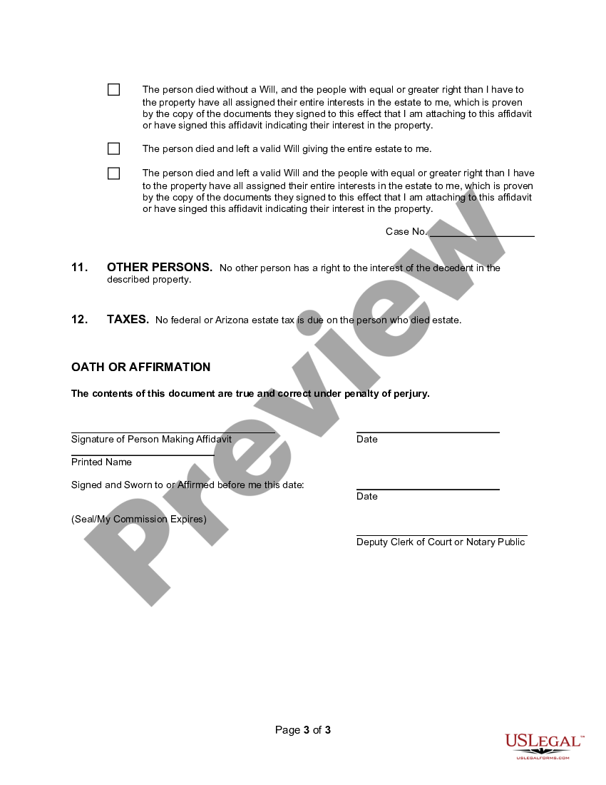 Arizona Affidavit for Transfer of Title of Real Property Arizona