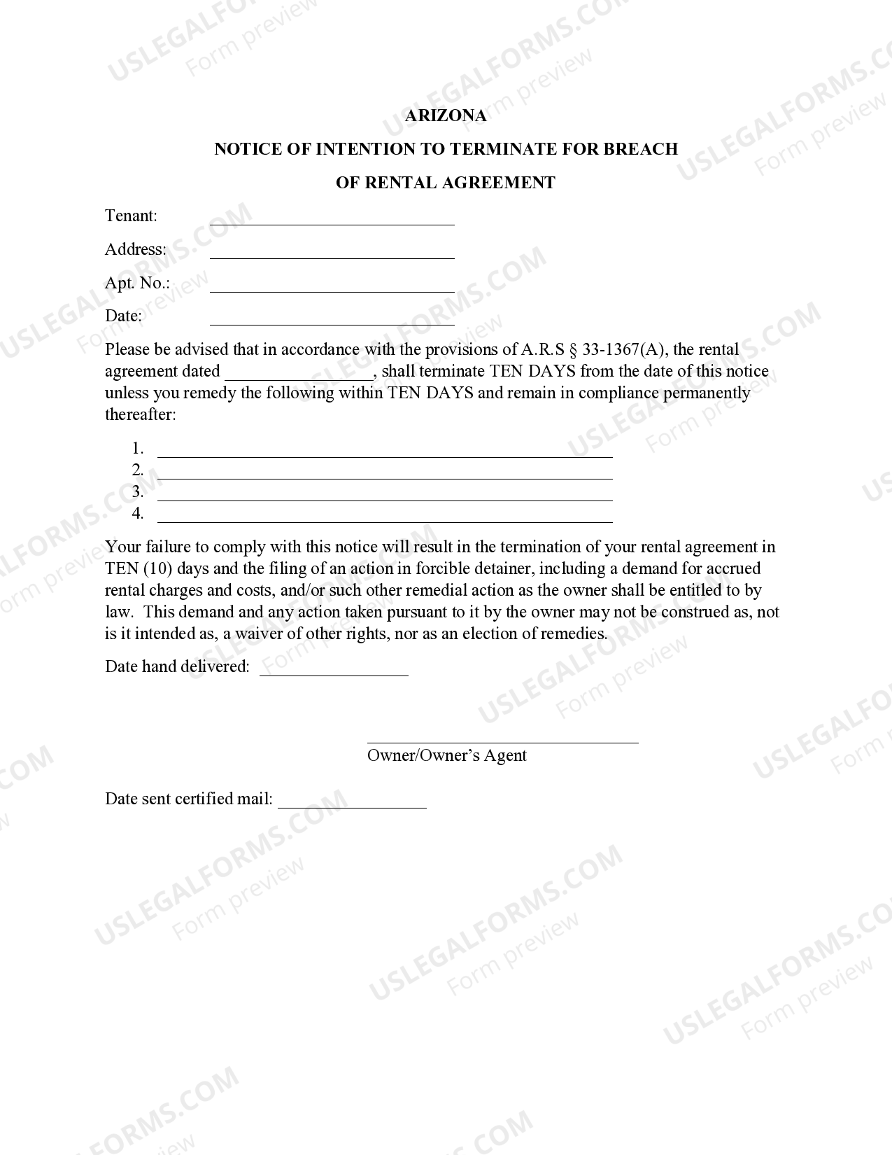 Arizona Notice of Intention to Terminate for Breach of Rental Agreement