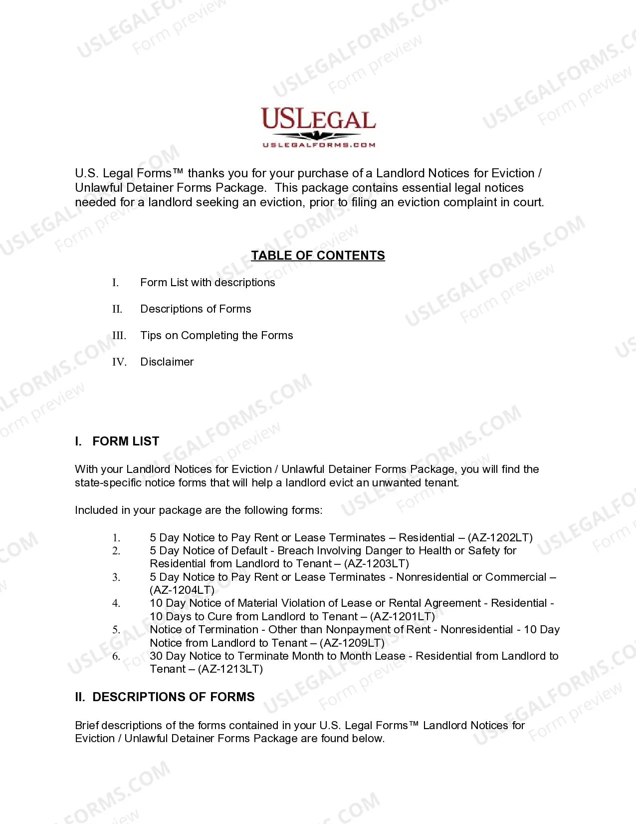 Preview Arizona Landlord Notices for Eviction / Unlawful Detainer Forms Package