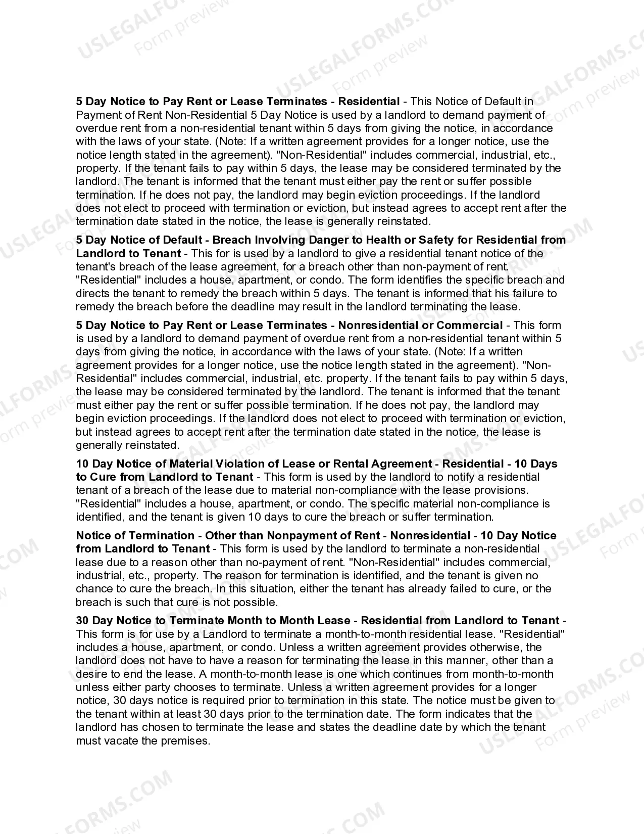 Preview Arizona Landlord Notices for Eviction / Unlawful Detainer Forms Package