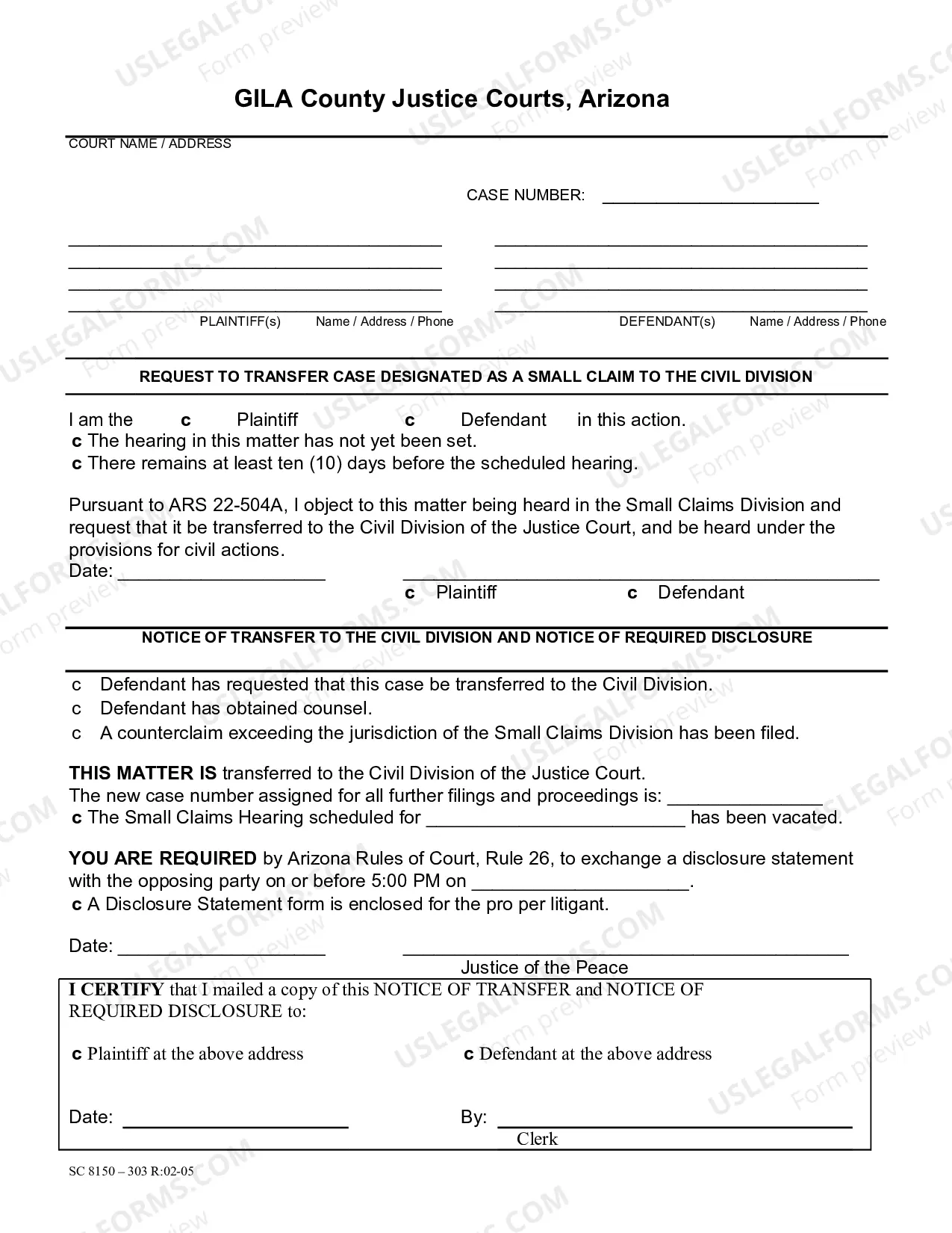 Preview Small Claims Request and Order to Transfer to Civil Division