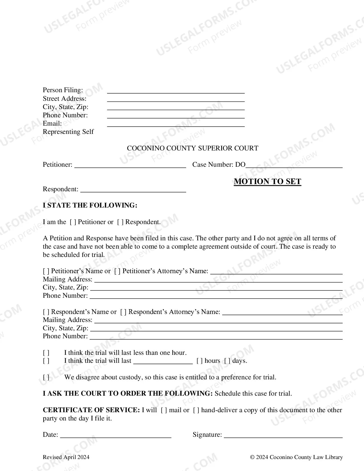 Preview Motion to Set Trial, Affidavit Of Delivery and Order