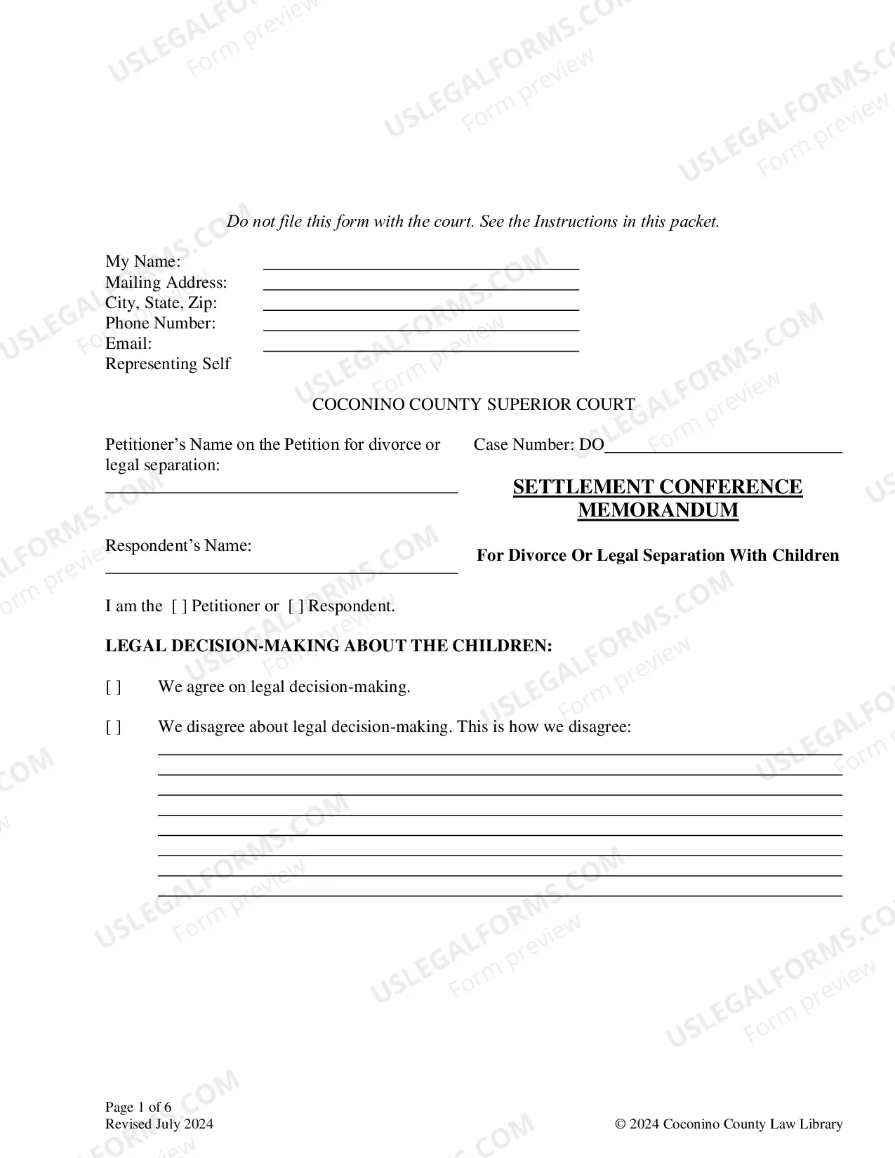 Preview Settlement Conference Memorandum: For Divorce or Legal Separation With Children