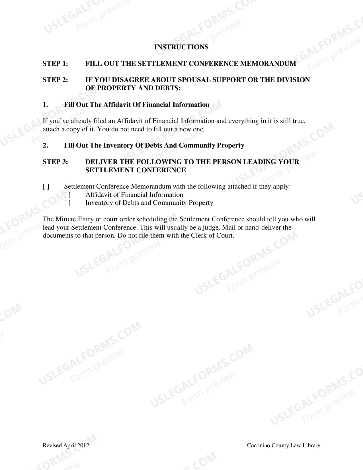 Preview Settlement Conference Memorandum: For Cases Without Children