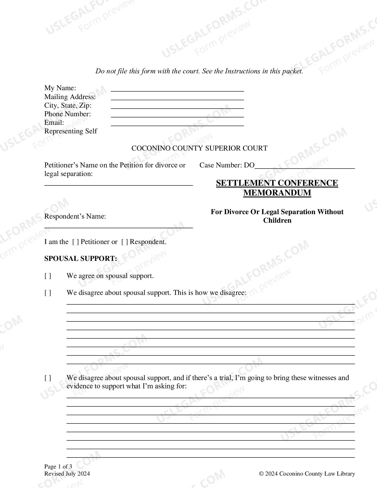 Preview Settlement Conference Memorandum: For Cases Without Children