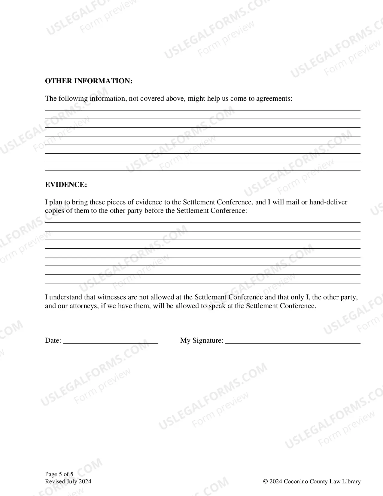 Preview Settlement Conference Memorandum: For Custody
